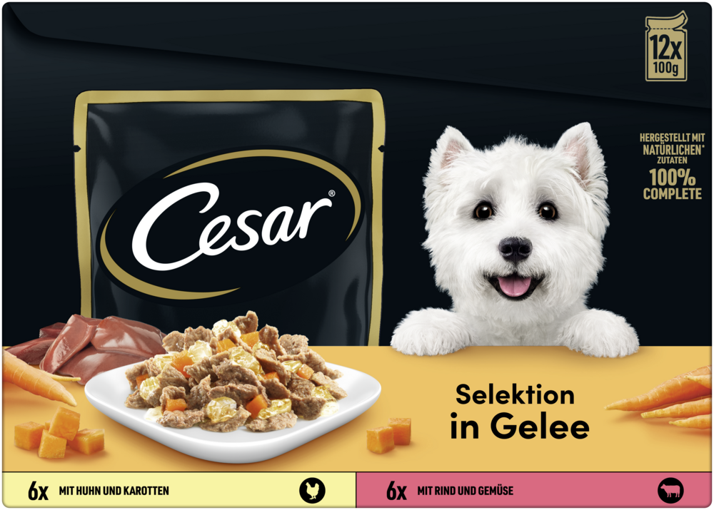 CESAR Portionsbeutel Multipack Selektion in Gelee mit Huhn und Karotten, mit Rind und Gemüse 12x100g
