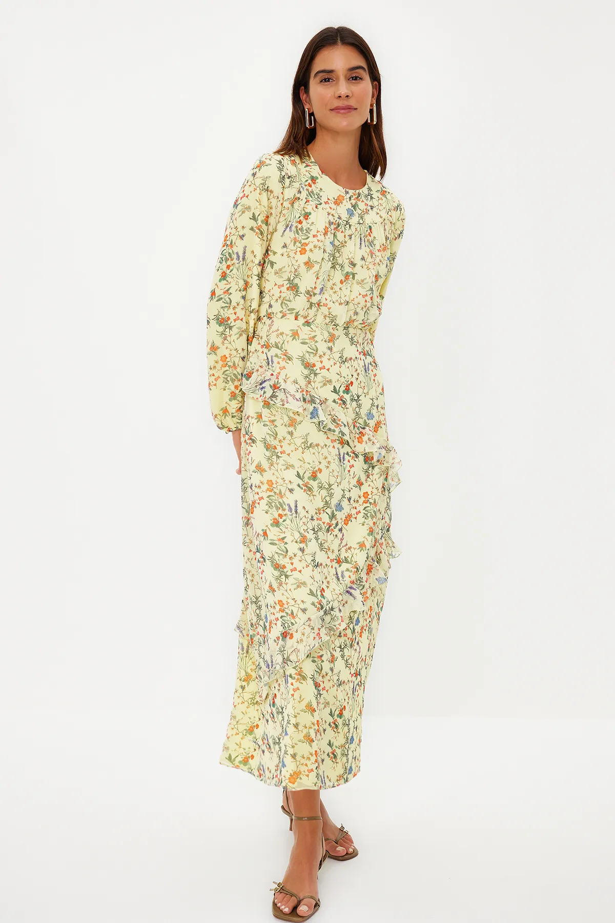 Trendyol Modest  Gewebtes Kleid mit Lagenrock aus grünem Chiffon TCTSS24EB00032