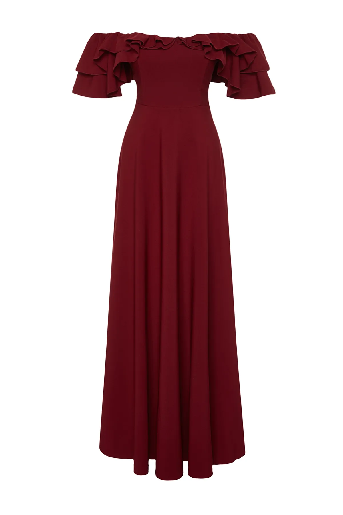 Trendyol Collection  Langes Abendkleid mit bordeauxroter Taillenöffnung/Skater-Webvolants TPRSS24AE00054
