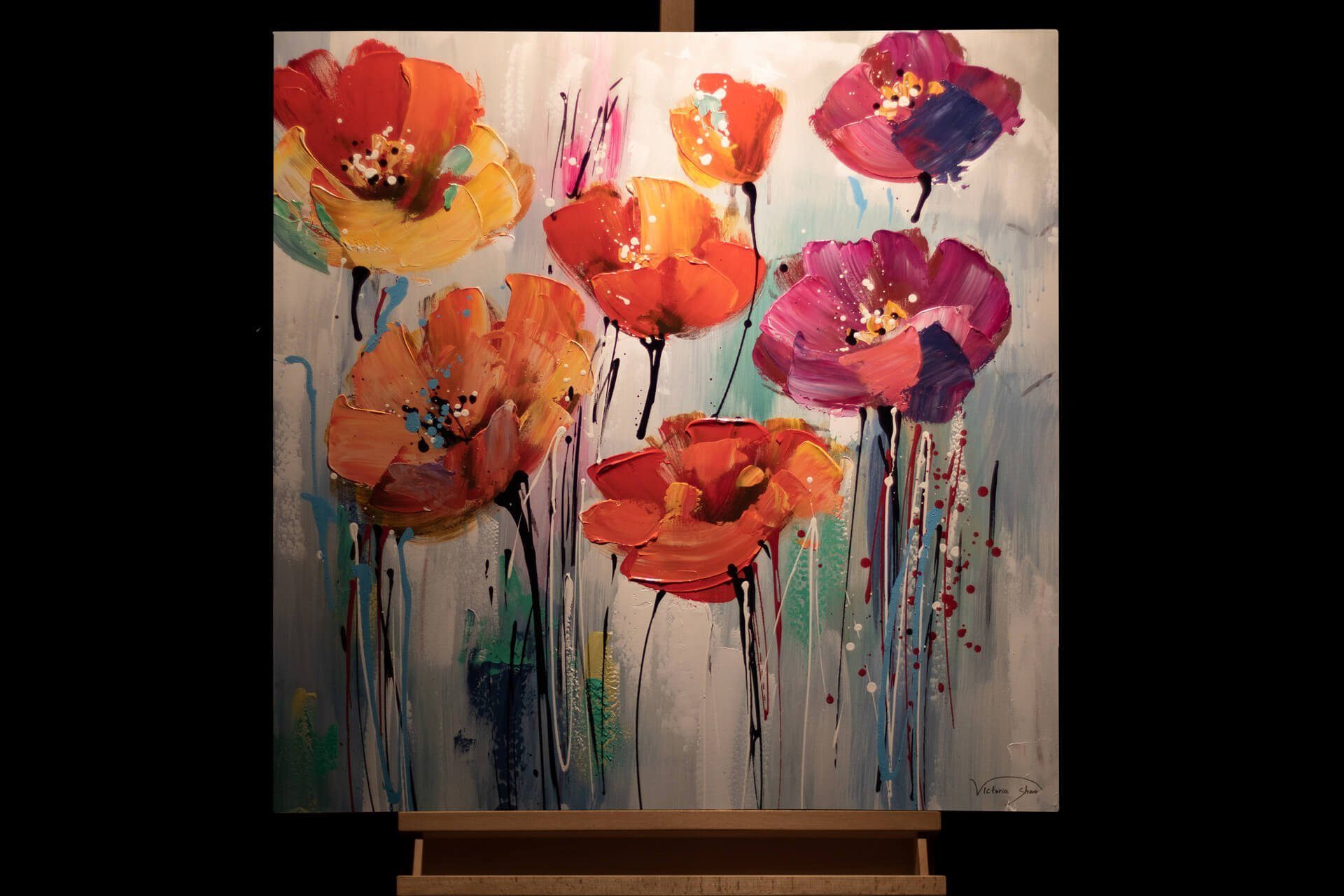 KUNSTLOFT Gemälde Bunter Blumengruß 80x80 cm, Leinwandbild 100% HANDGEMALT Wandbild Wohnzimmer