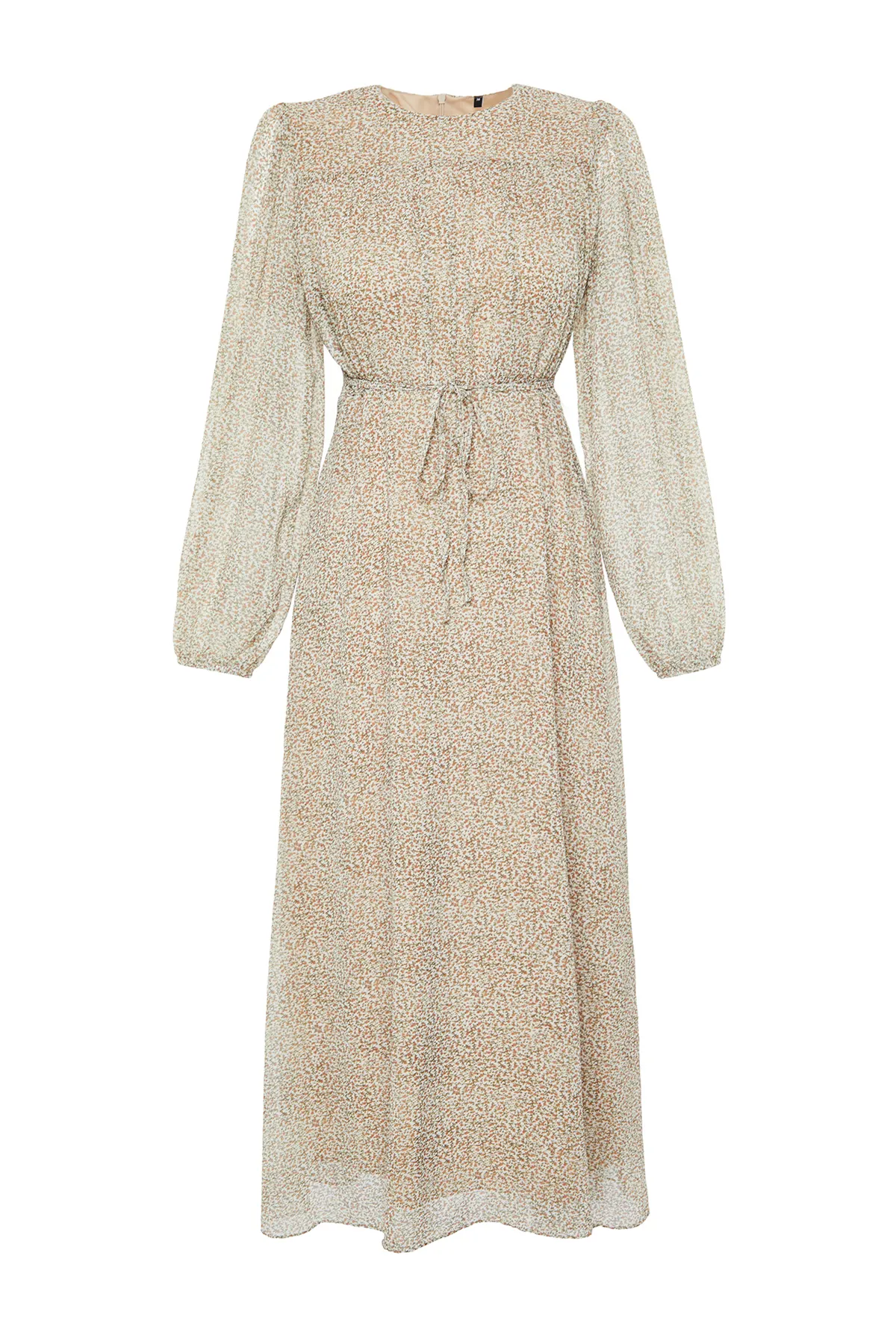 Trendyol Modest  Braunes gefüttertes gewebtes Kleid mit Blumenmuster und Gürtel TCTSS24EB00081
