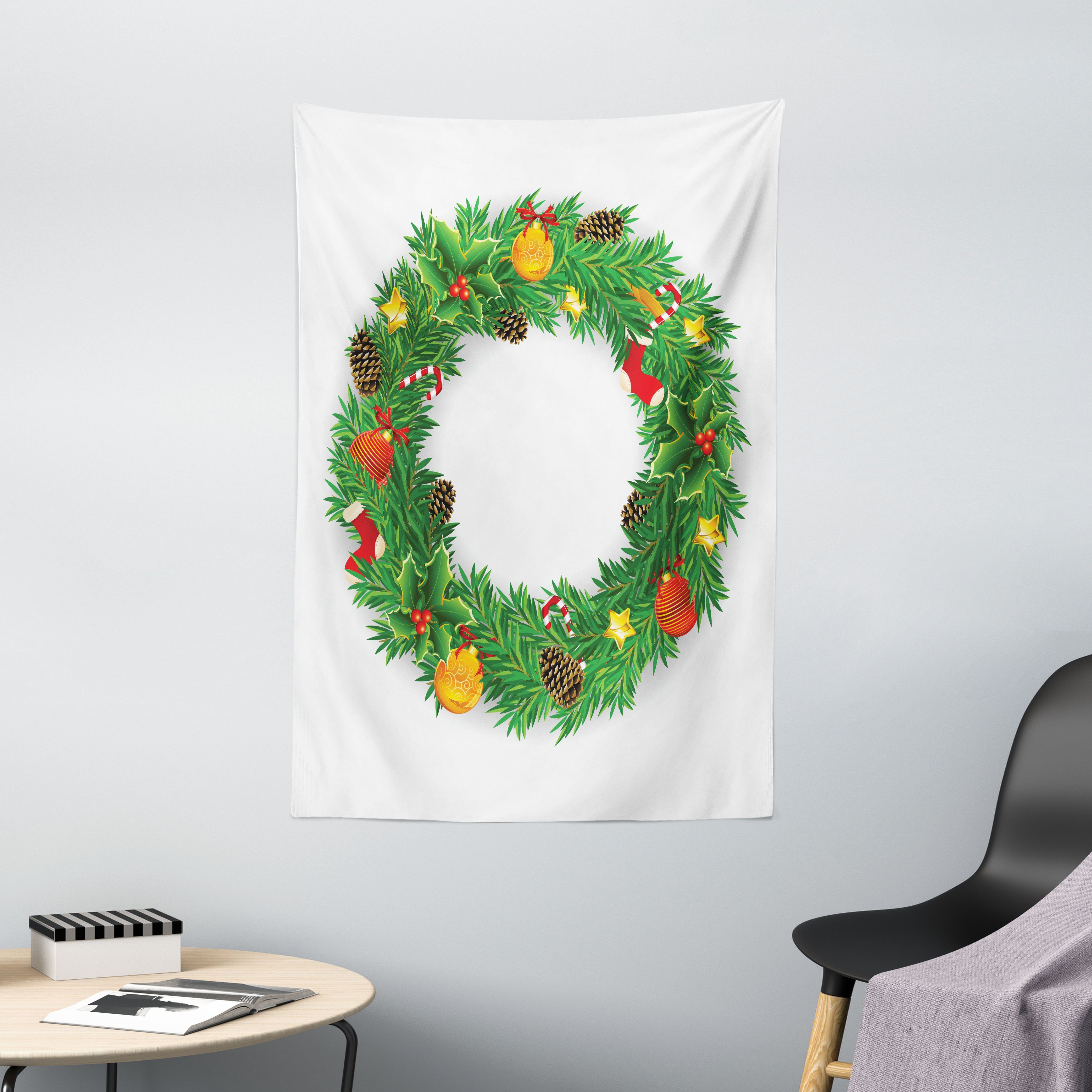 Wandteppich Wohnzimmer Schlafzimmer Wandtuch Seidiges Satin Wandteppich, Abakuhaus, rechteckig, Weihnachten Evergreen Kranz Kunst