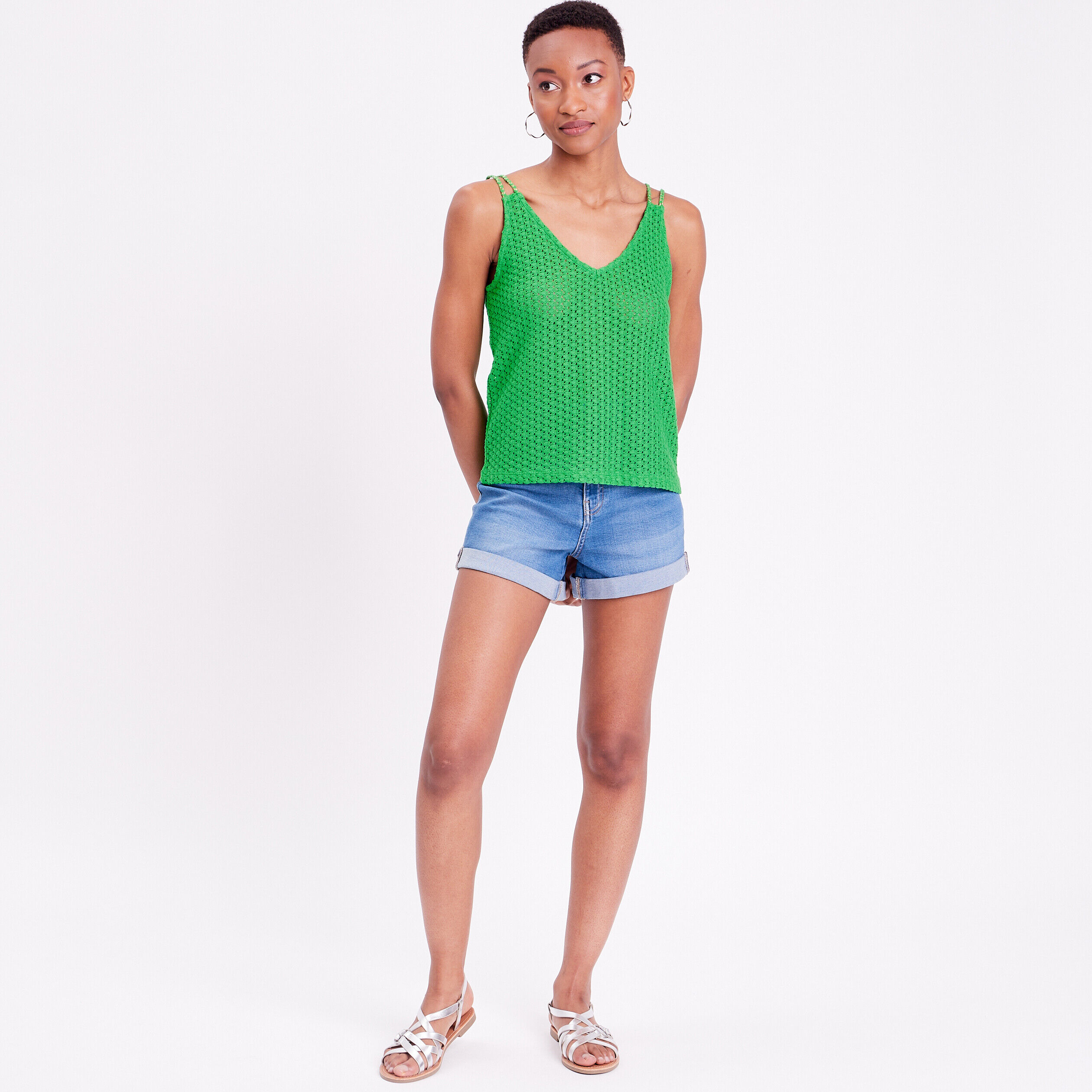 Débardeur crochet bretelles vert femme | Cache Cache