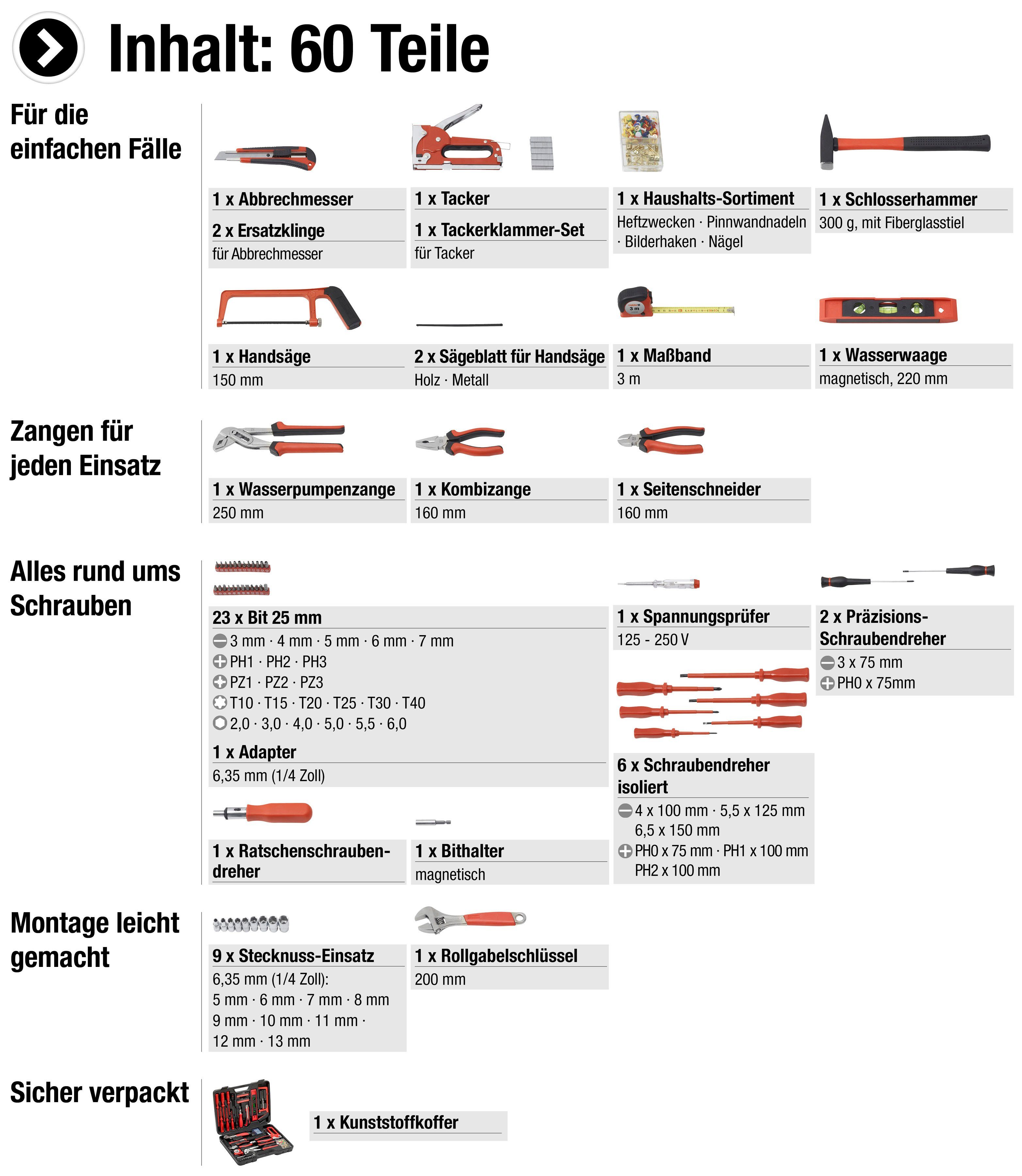 meister Werkzeugset Haushaltskoffer / 8973630, 60-teilig - Werkzeug-Set für den täglichen Gebrauch