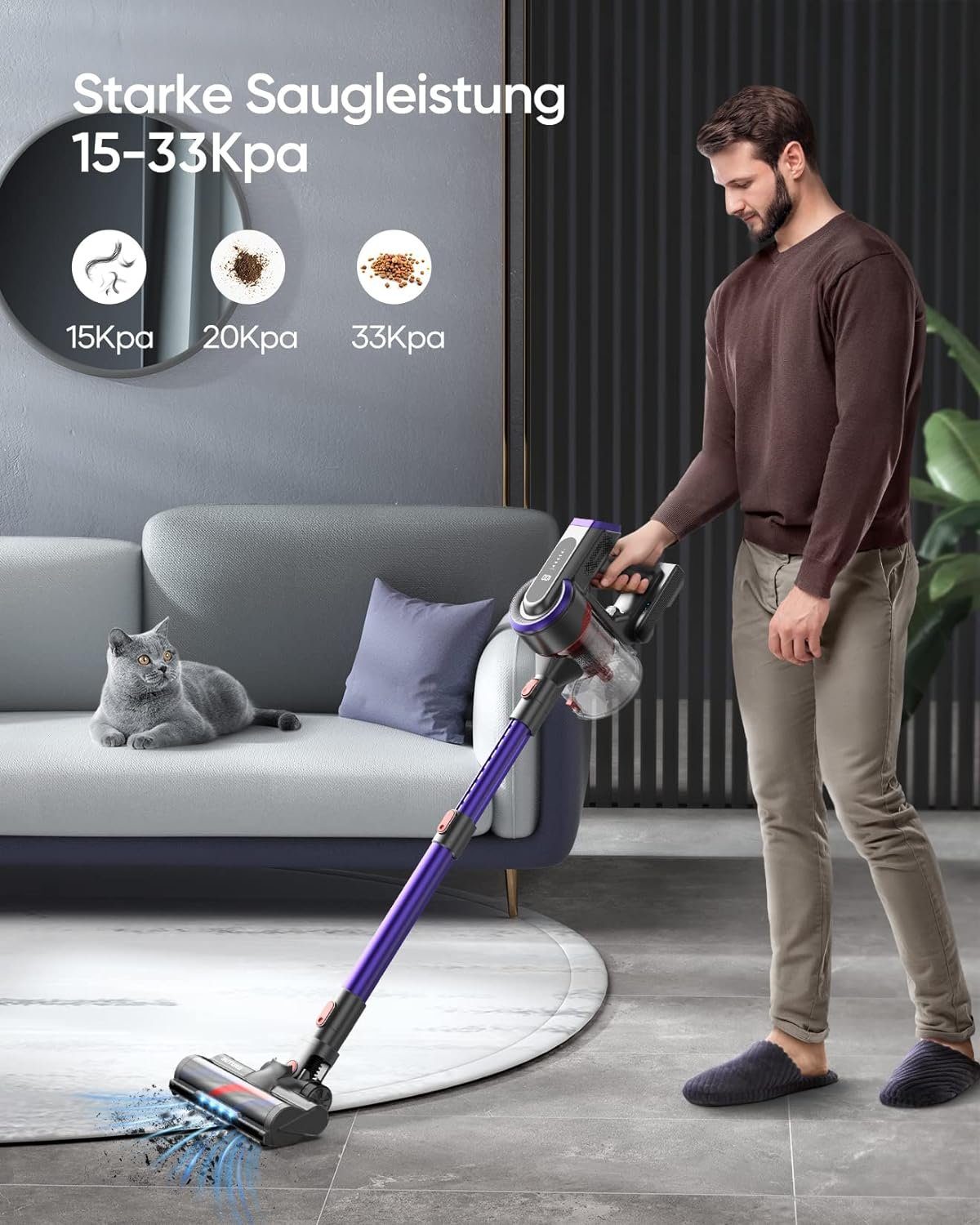 Laresar Akku-Hand-und Stielstaubsauger, 400W/33KPA Akku Staubsauger Touchscreen, Anti-Tangle-Staubsauger, Kantenreinigung, 1.5L