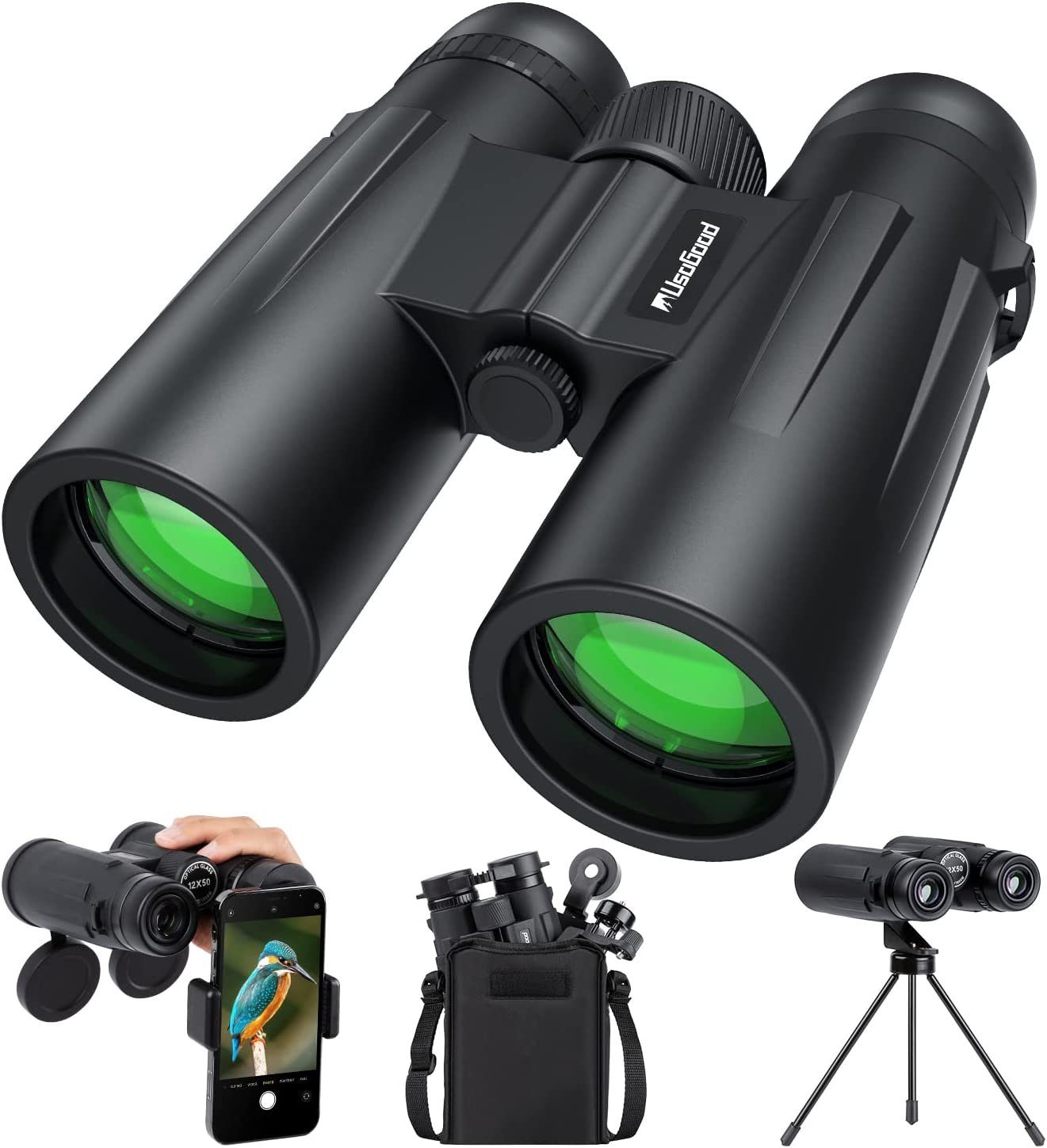 Usogood 10x50 Fernglas für Erwachsene HD Kompaktes Fernglas, BaK4-Prismen, Fernglas (Vogelbeobachtung,Wandern, Safari,FMC-Objektiv,Mit Smartphone-Adapter)