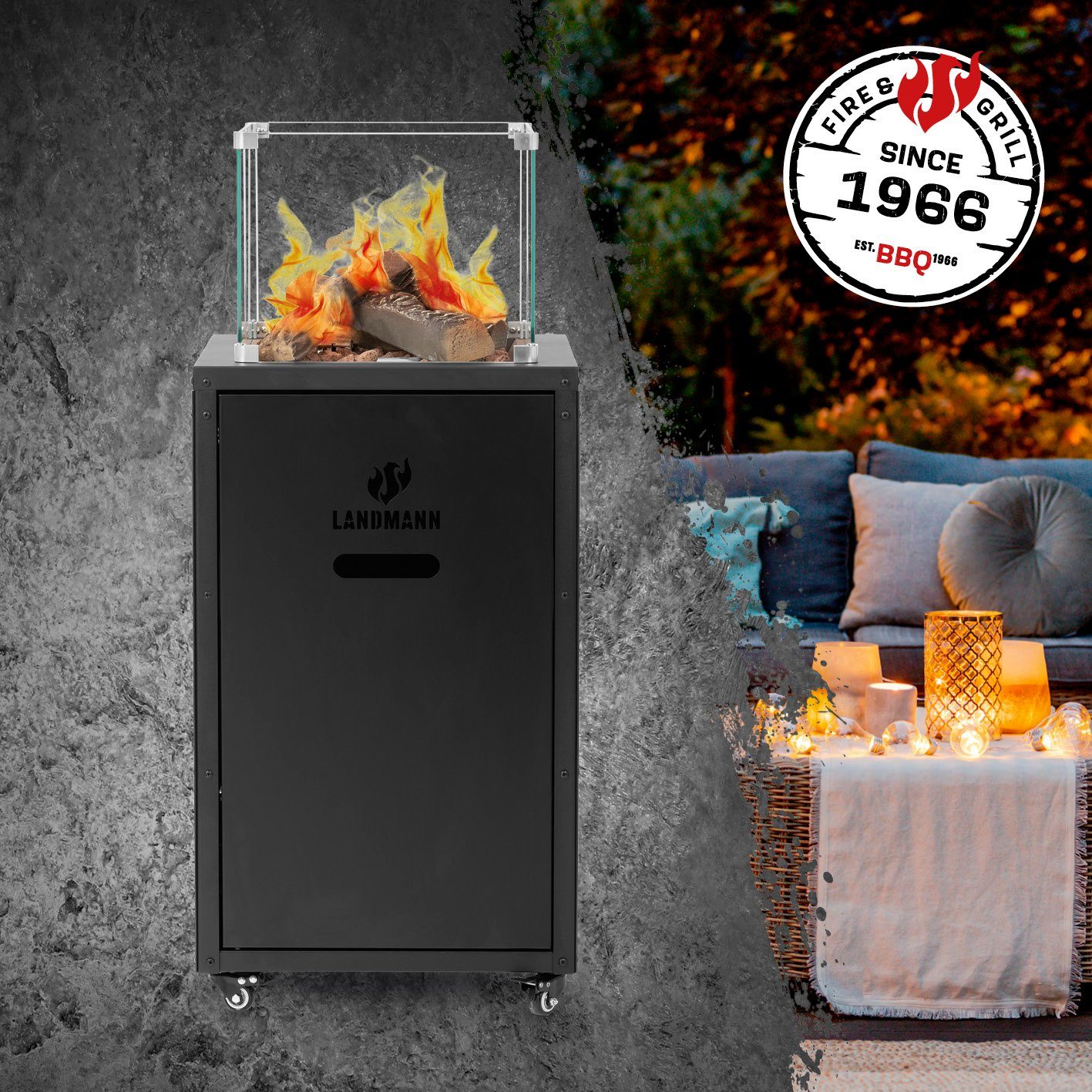 LANDMANN Feuerstelle Designfeuer Terrassenfeuer Glass Cube 46x46x110cm, Outdoor Heizstrahler