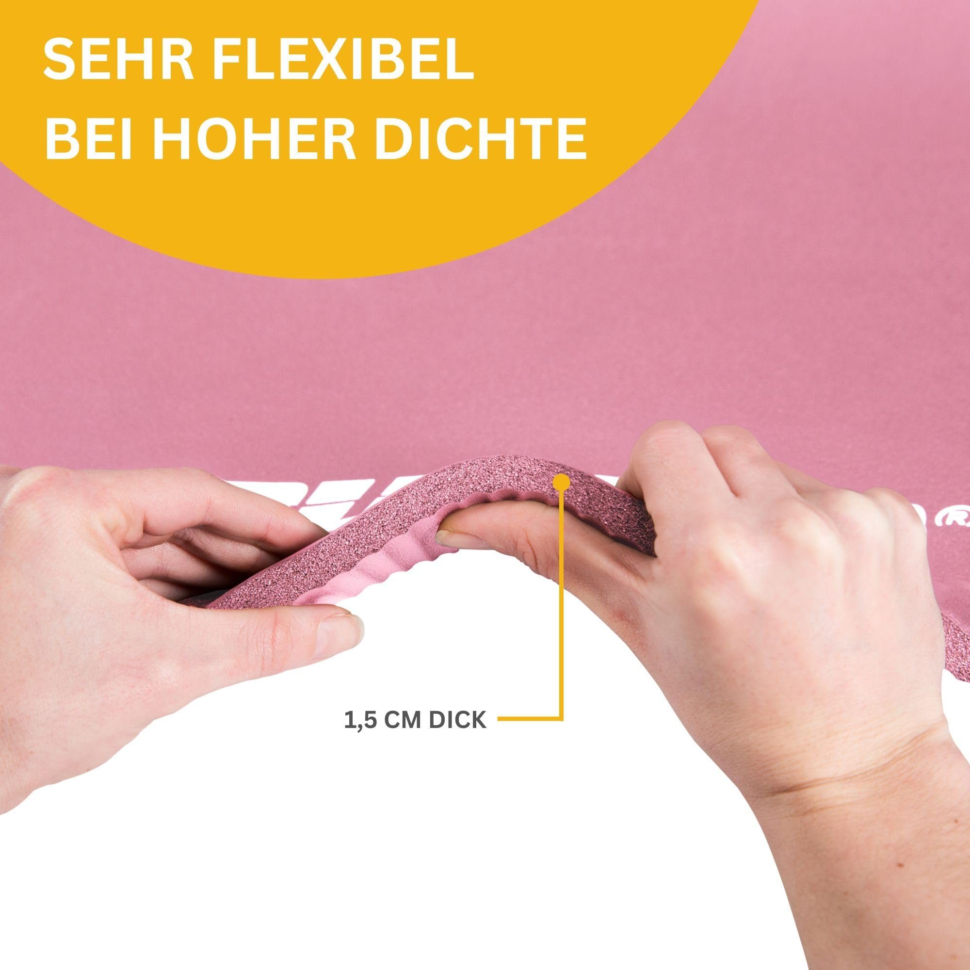 Muawo Fitnessmatte, Yogamatte, Sportmatte und Gymnastikmatte (mit Tragegurt und Trage-/ Aufbewahrungstasche), extra dick 15 mm & extra lang 190 cm, PHTHALATFREI, kein Chemie Geruch