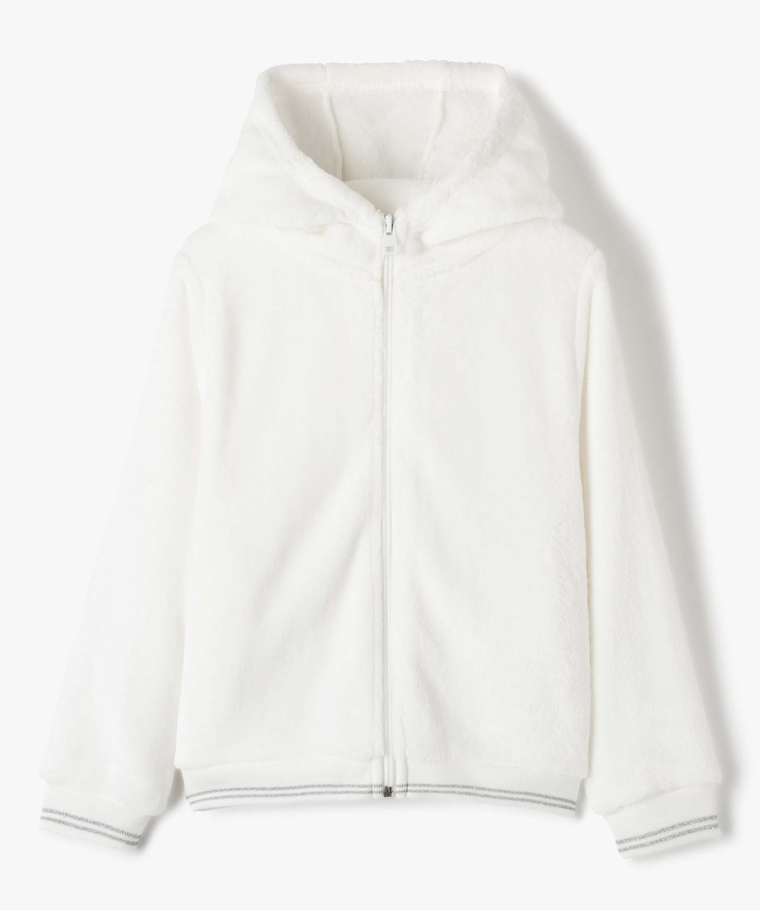 Sweat fille zippé à capuche en maille peluche ecru | GEMO