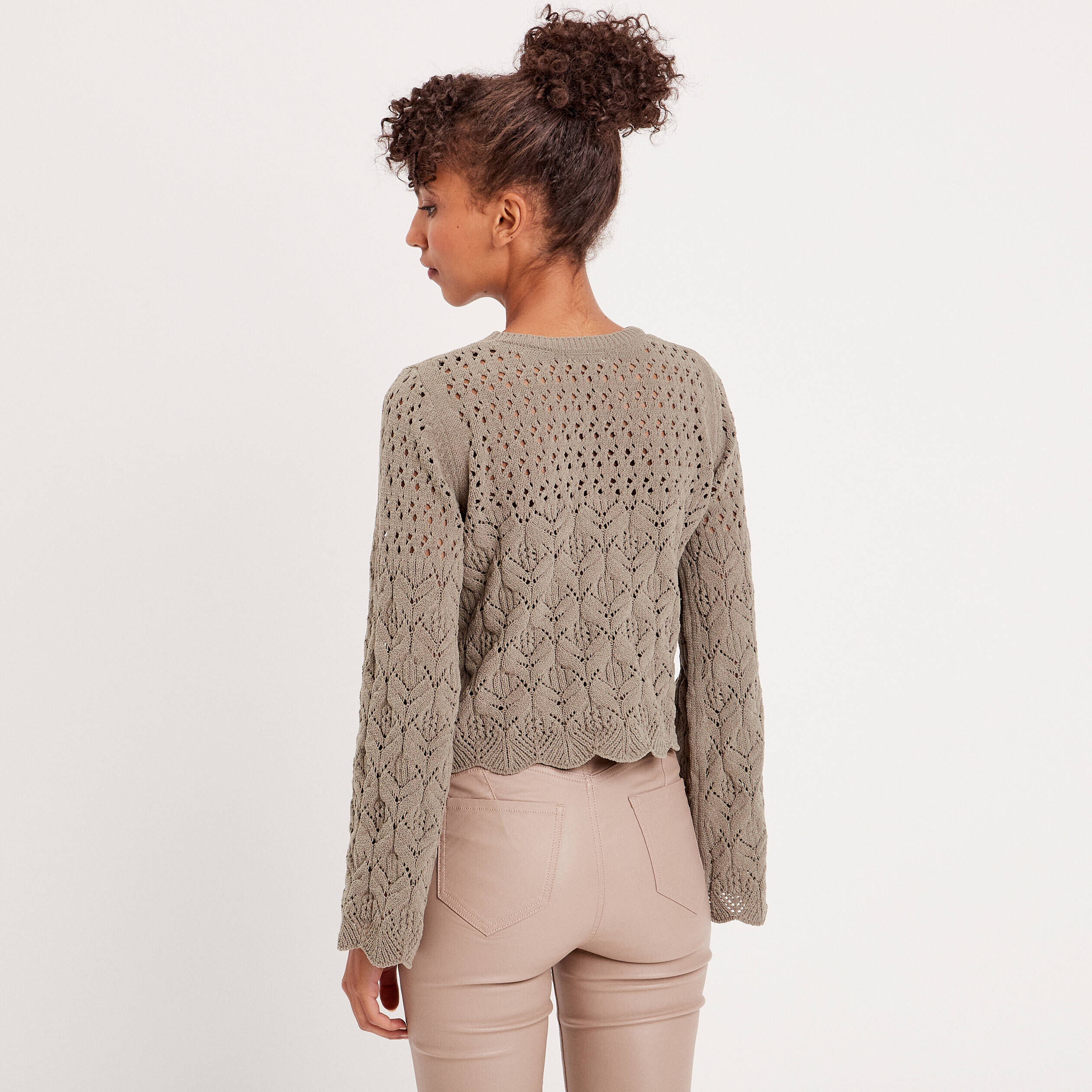 Pull ajouré avec bord festonné vert kaki femme | Cache Cache