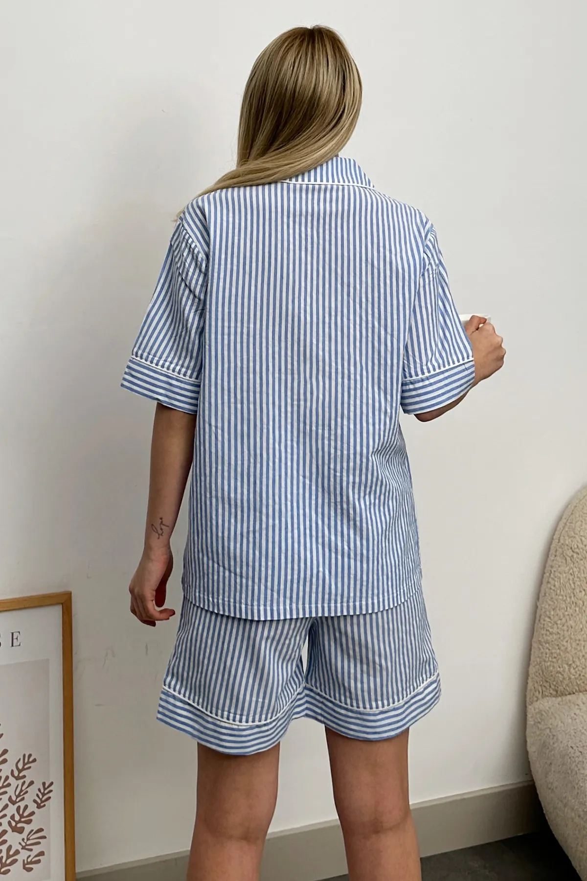 Trend Alaçatı Stili  Blau gestreiftes Pyjama-Set für Damen mit Shorts Alc-X11660
