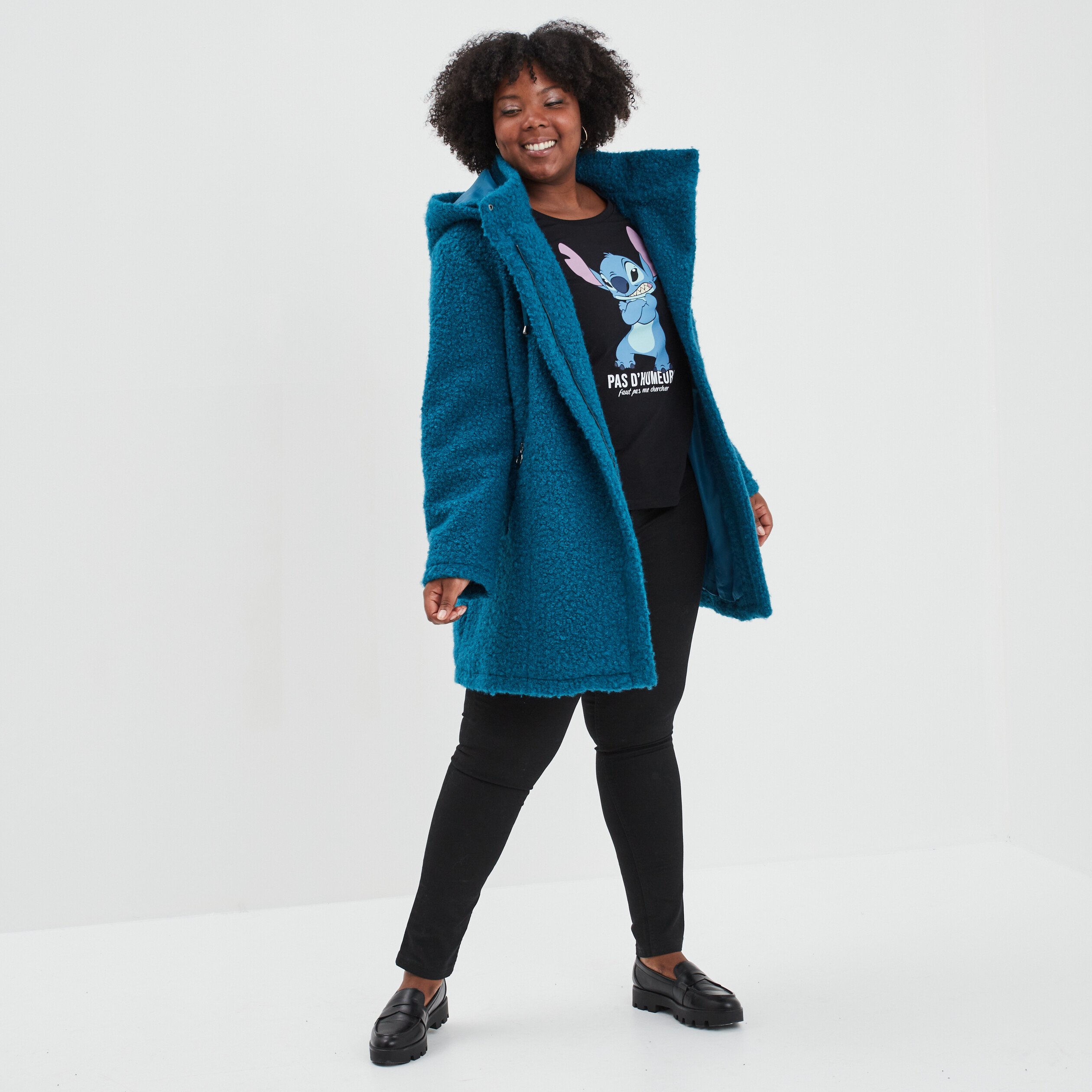 Manteau pilou bouclette à capuche bleu canard femme grande taille | La Halle
