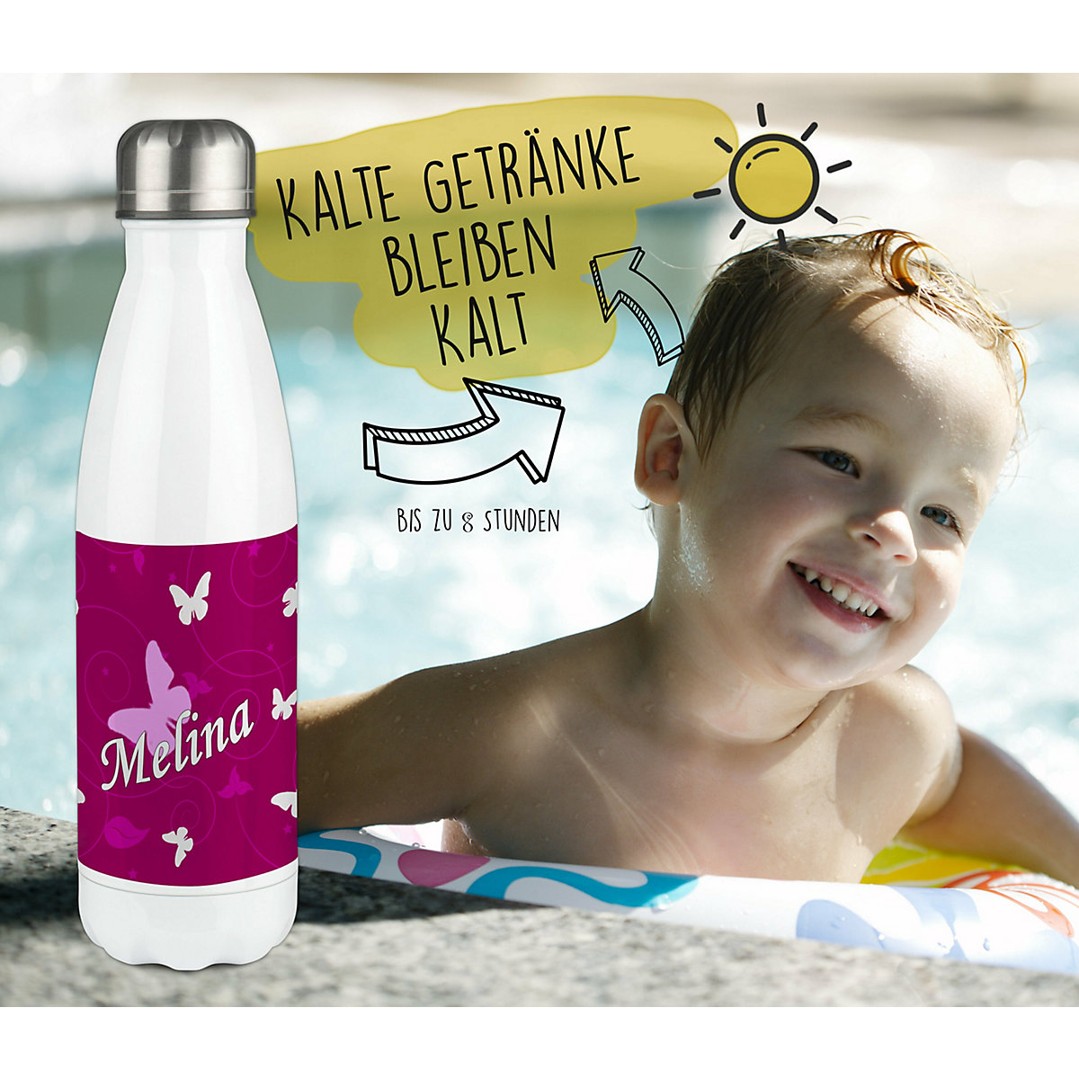Edelstahl Kinder Thermoflasche / Trinkflasche bunt Schmetterling Ornamente Farbe brombeere Spülmaschinenfest, Auslaufsicher, Bruchfest, Doppelwandig, Für Heißgetränke geeignet, Mit Deckel, Isolier