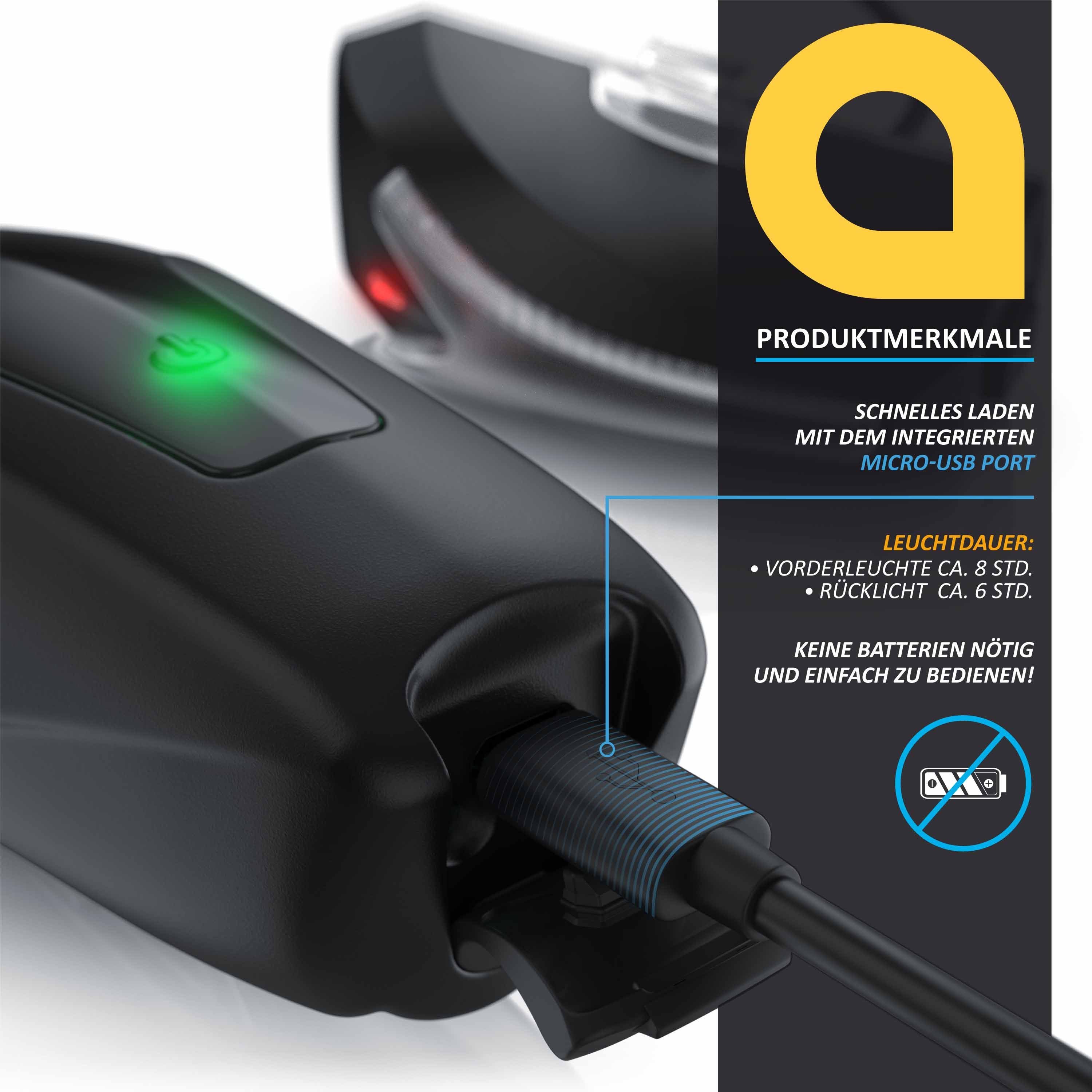 Aplic Fahrradbeleuchtung, LED, Akku, Front & Rücklicht, StvZO zugelassene Fahrradlampen