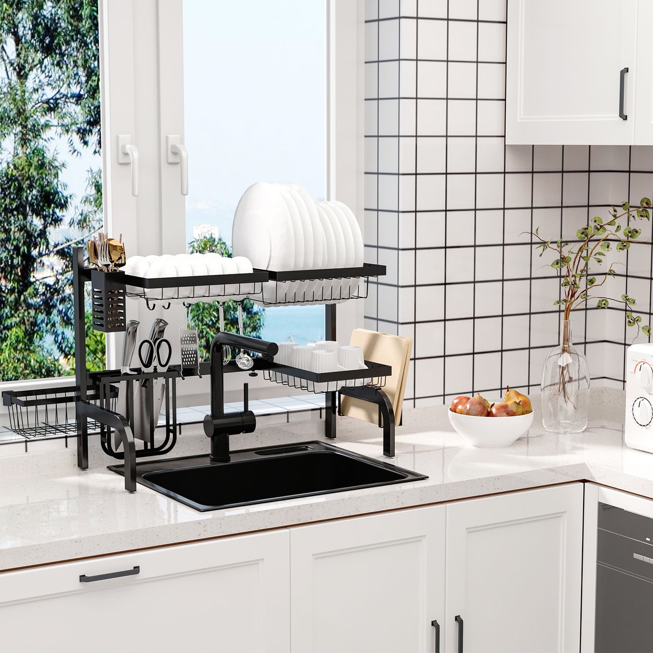 HOMCOM Abtropfgestell Geschirr 2-stufiges Abtropfgitter 51-93 cm Abtropfständer
