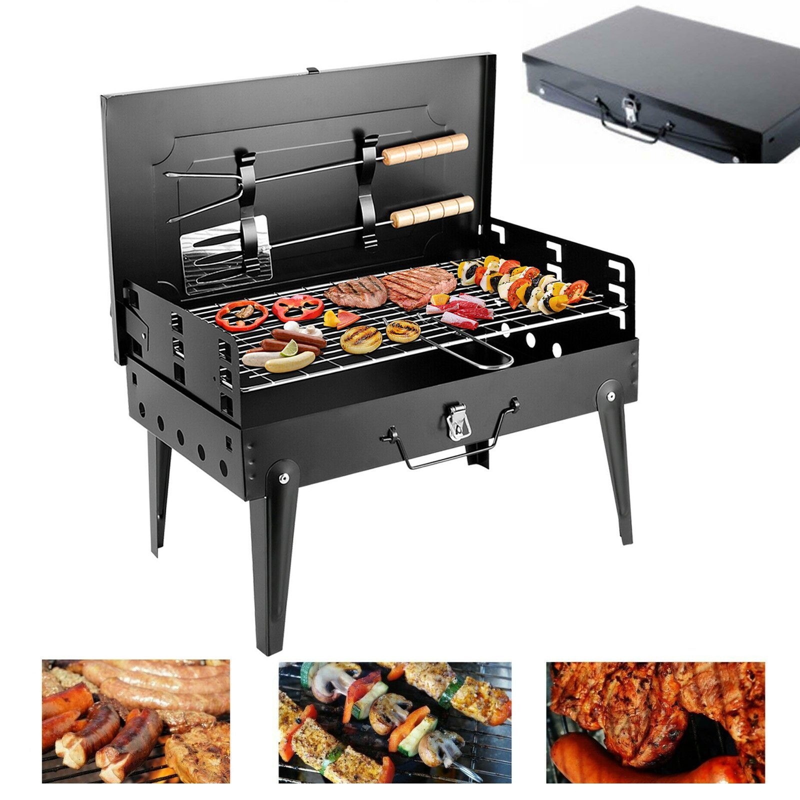 SunJas Holzkohlegrill CA-07, Tragbare Grill, 2tlg Grillbesteck, BxTxH: 42 x 27 x 29 cm Metal-Campinggrill, Holzkohle Klappgrill mit Deckel, Kohle BBQ Barbeque Camping Picknickgrill, Terrasse Tragbar Grill, Garten Tischgrill
