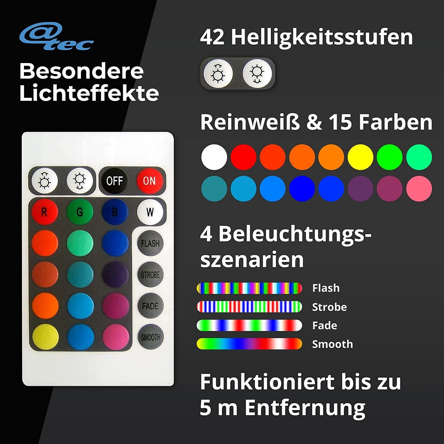 @tec Gartenleuchte Kabellose LED Kugellampe, LED, Outdoor, Kugellampe, Leuchtkugel, Ball, Farbwechsel, 42 Helligkeitsstufen, Fernbedienung, hängend, stehend, spritzwassergeschützt, IP54, Gartenleuchte, innen & außen, Akku, kabellos