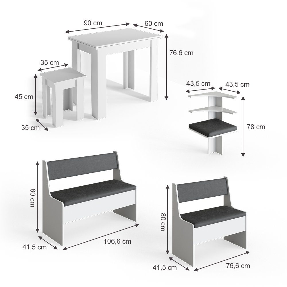 Vicco Sitzgruppe Eckbankgruppe Esszimmergruppe ROMAN Weiß, (Set, 5-tlg., 5-er Set), bequeme Polsterung
