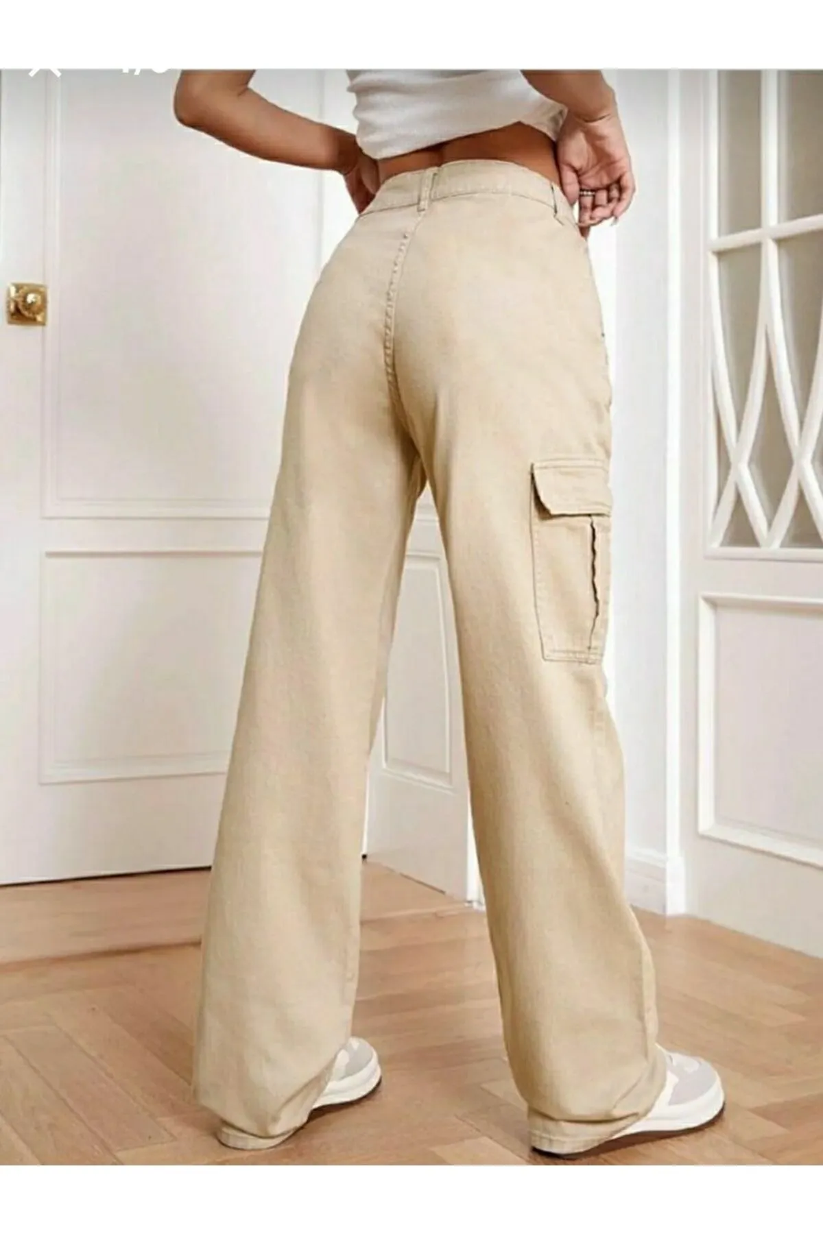 Trn JNS  Stone Damen-Palazzo-Jeans in Beige mit extra hoher Taille, Cargotasche und ohne Gesäßtasche