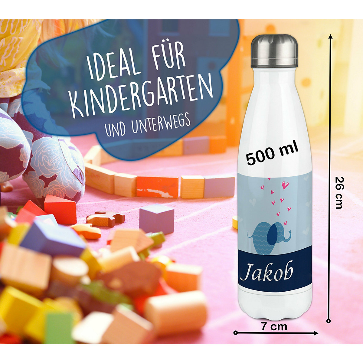 Edelstahl Kinder Thermoflasche / Trinkflasche bunt Elefant Farbe blau Spülmaschinenfest, Auslaufsicher, Bruchfest, Doppelwandig, Für Heißgetränke geeignet, Mit Deckel, Isoliert