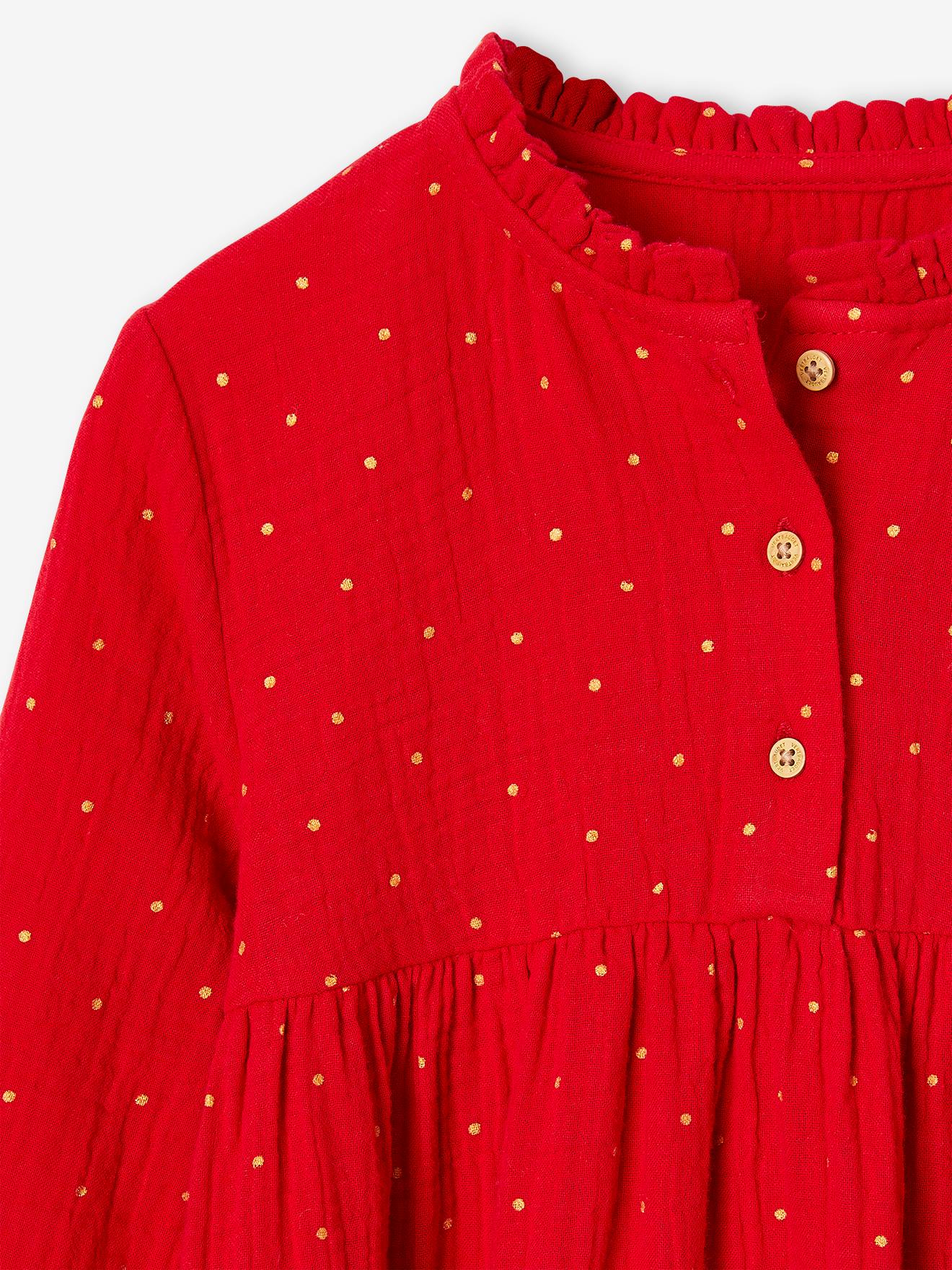 Vertbaudet Mädchen Kleid mit Glanztupfen, Musselin - grün bedruckt