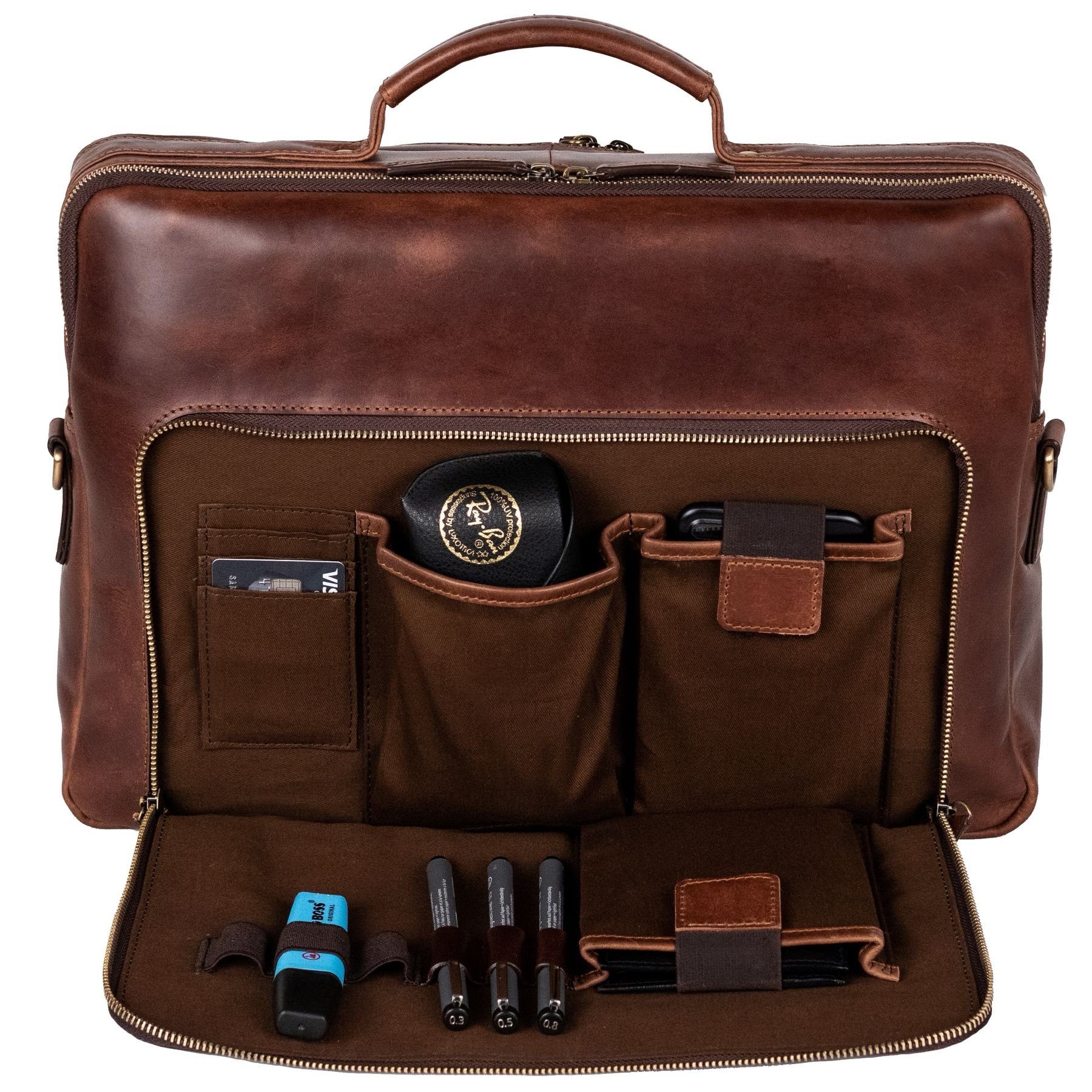 SID & VAIN Laptoptasche Leder Businesstasche Unisex SIMON, Laptoptasche 15,4 Zoll, Aktentasche Echtleder Damen Herren braun