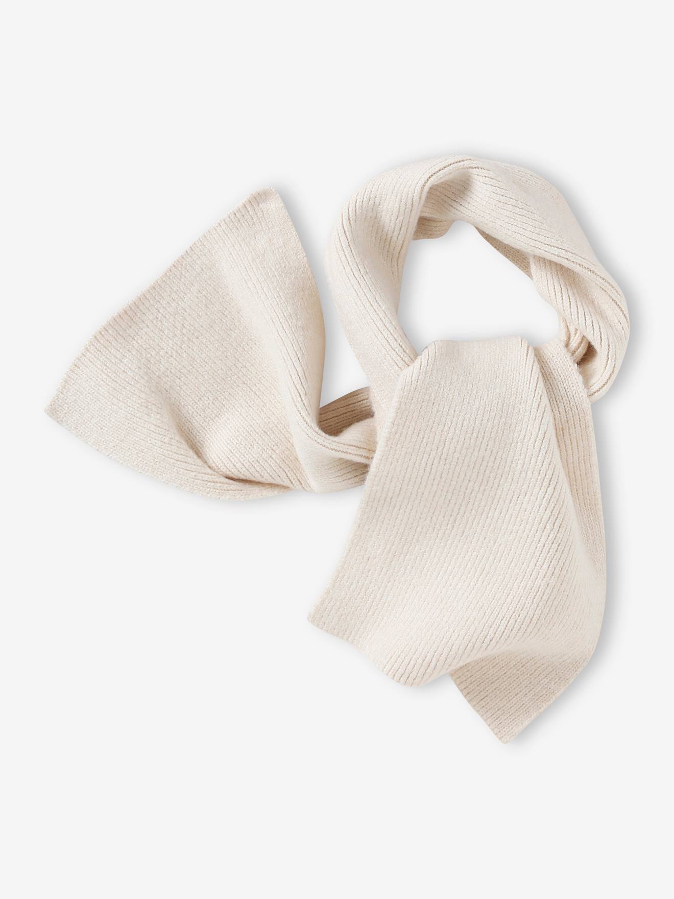 Ensemble fille en maille côtelée bonnet + écharpe + moufles/mitaines beige chiné