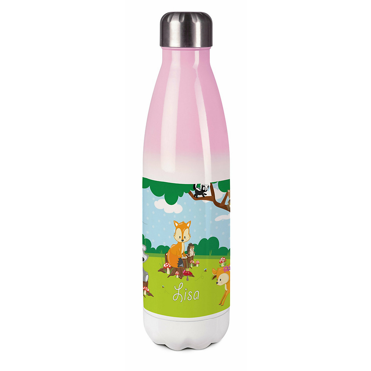 Edelstahl Kinder Thermoflasche / Trinkflasche bunt Waldtiere Spülmaschinenfest, Auslaufsicher, Bruchfest, Doppelwandig, Für Heißgetränke geeignet, Mit Deckel, Isoliert