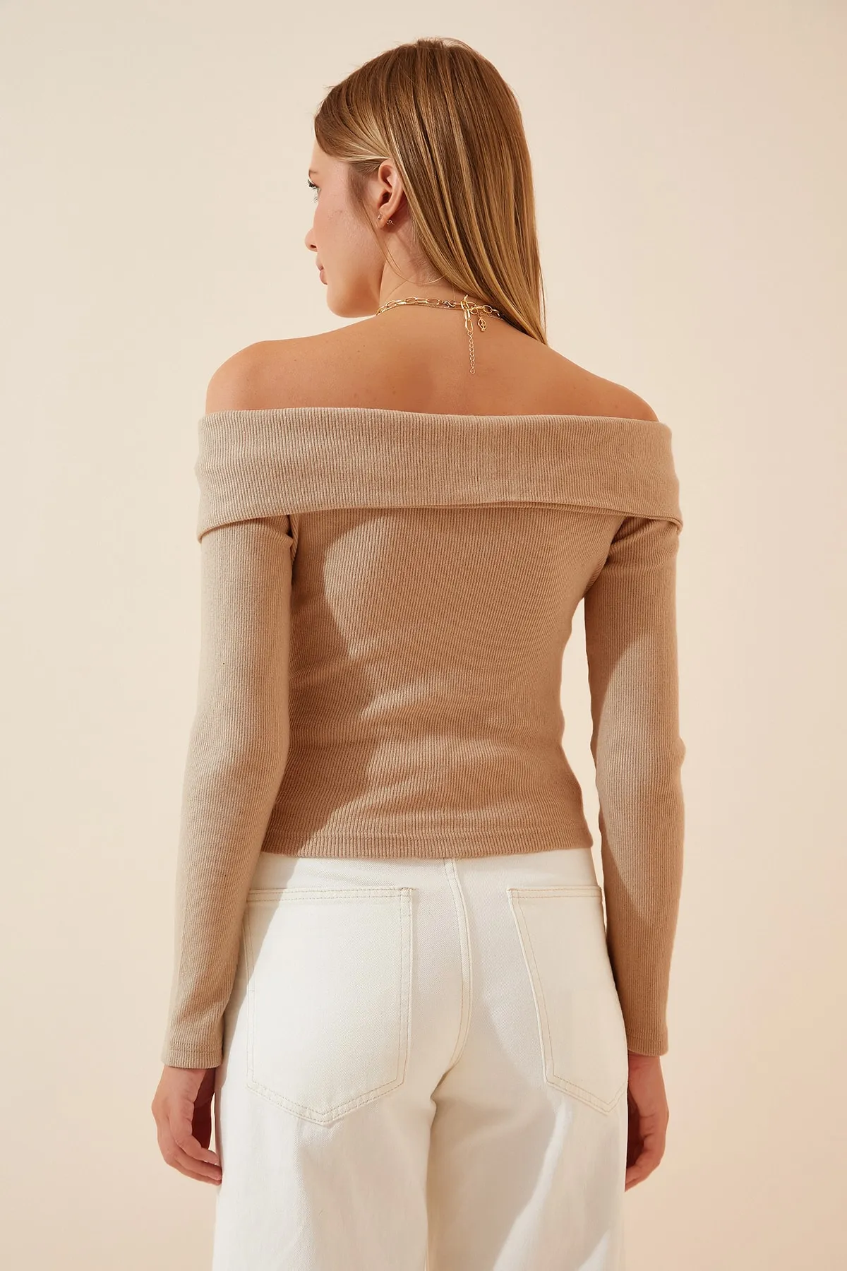 Happiness İstanbul  Damen-Strickbluse mit Carmen-Kragen, cremefarben, schnurgebunden, PG00031