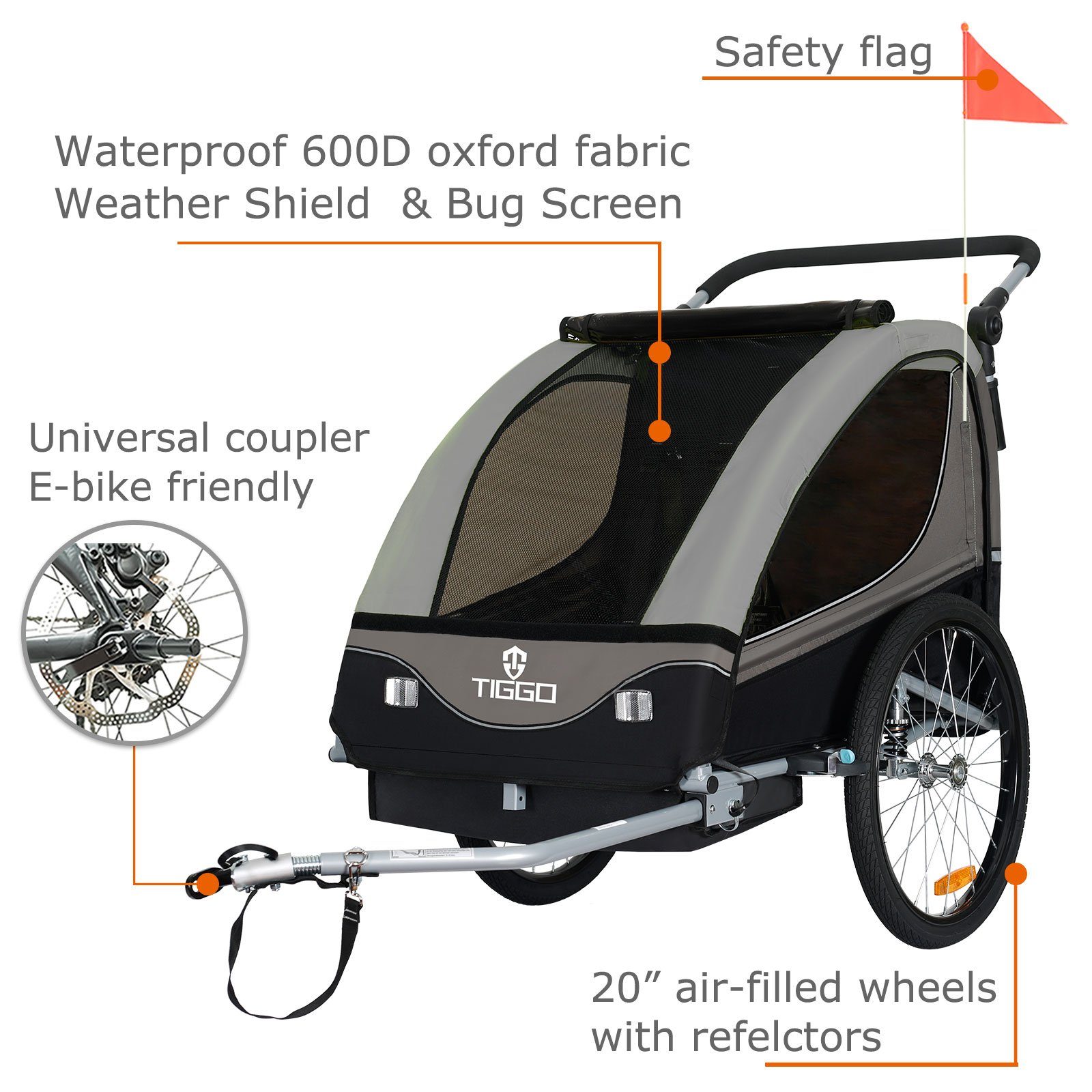 TIGGO Fahrradkinderanhänger TIGGO Kinderanhänger 2 in 1 Kinderfahrradanhänger Fahrradanhänger, für 1-2 Kinder inkluve Joggerkit