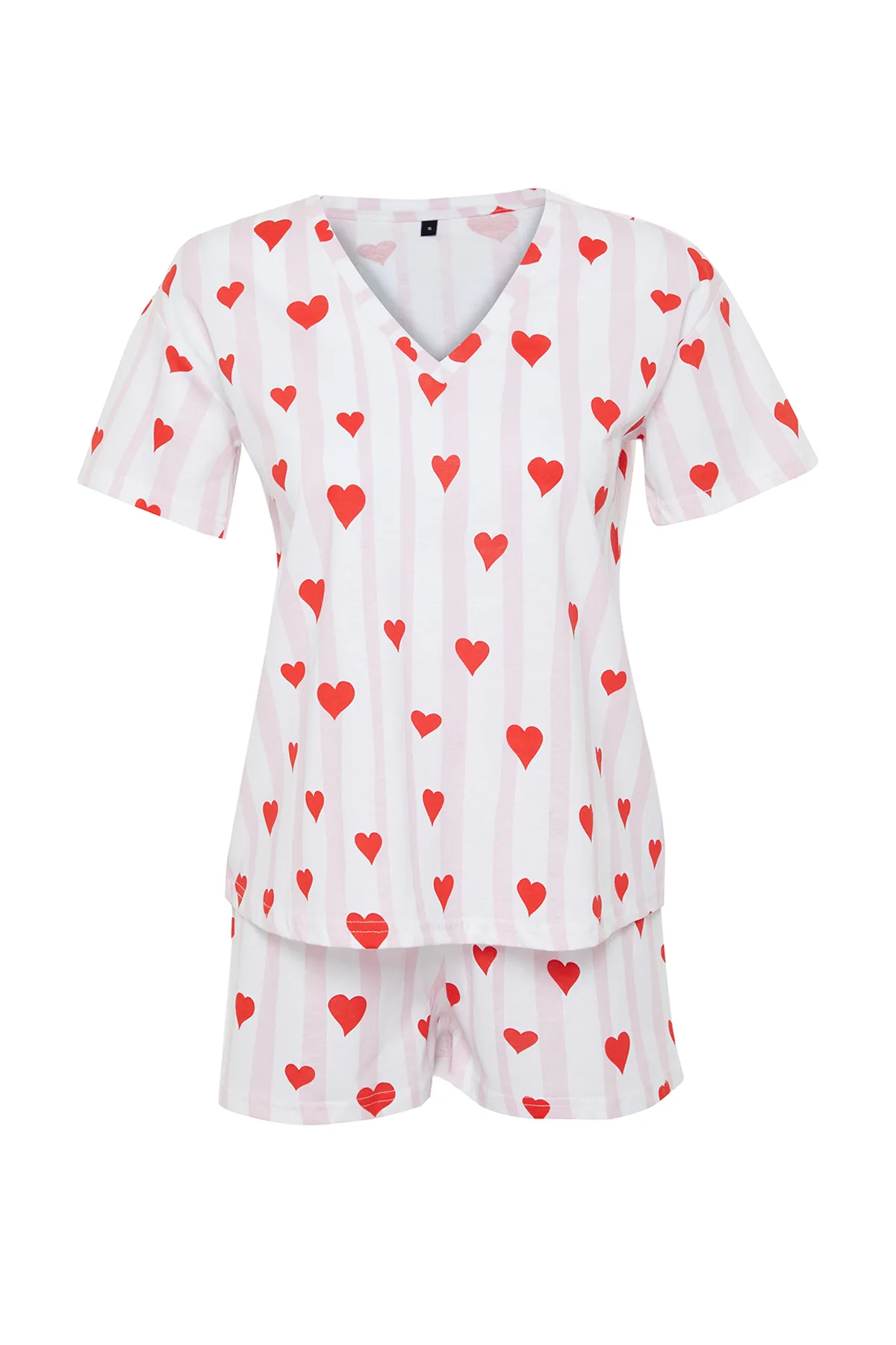 Trendyol Collection  Puder-mehrfarbiges Pyjama-Set aus 100 % Baumwolle mit Streifen und Herzenmuster THMSS24PT00073