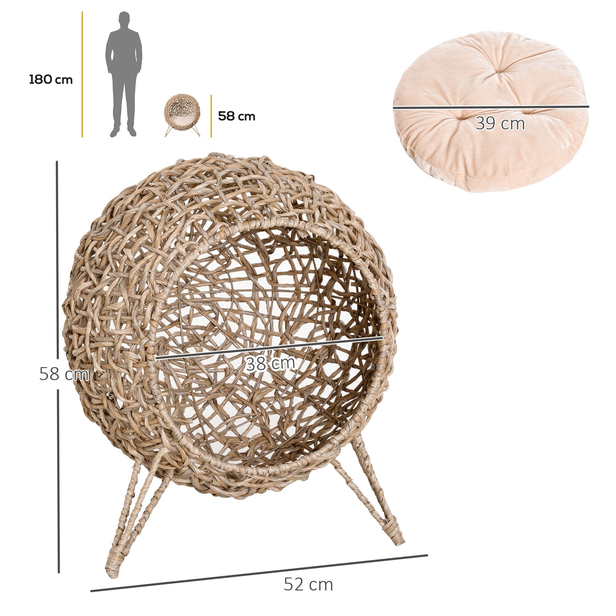 PawHut Tierhaus Katzenhaus aus PE-Rattan mit Kissen, erhöhten Füßen PE-Rattan Natur, Ø52 x 58H cm