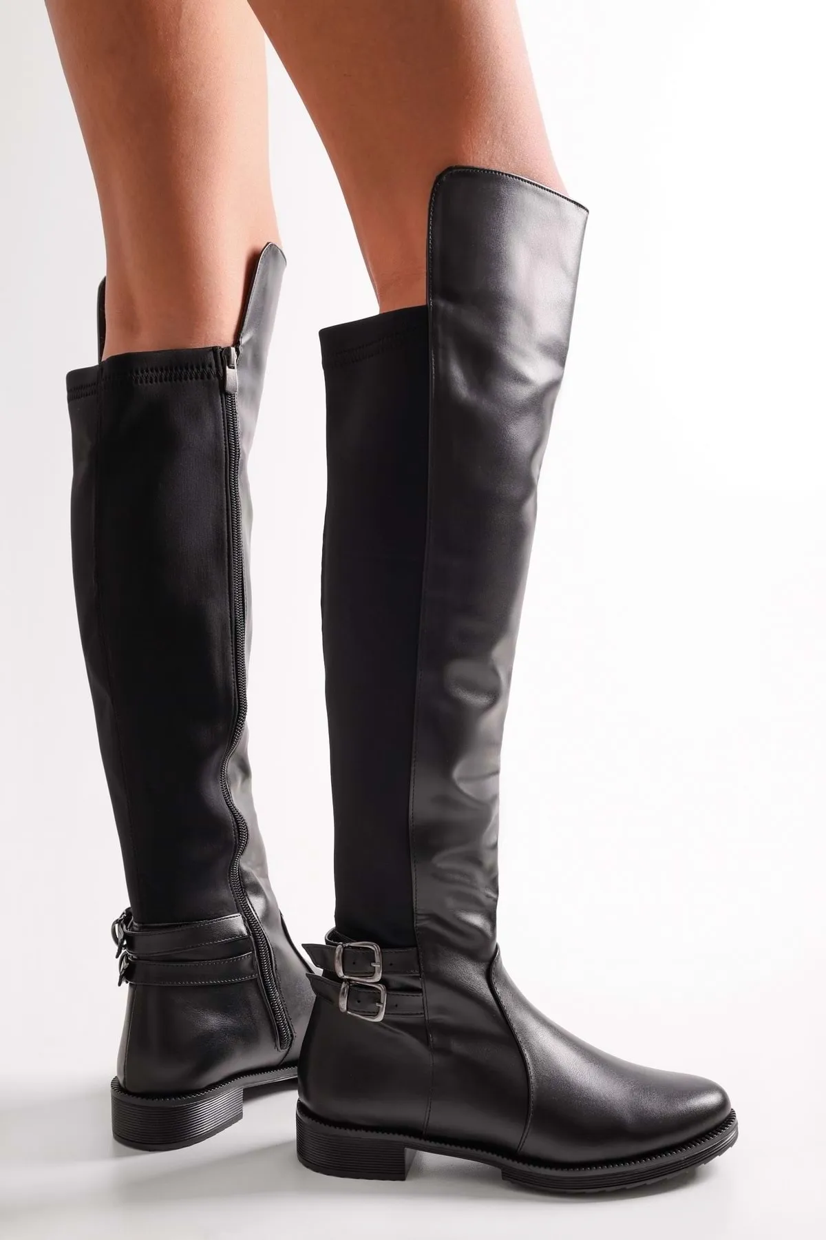 Shoeberry  Eliana Black Skin Elastic-Stiefel für Damen Black Skin