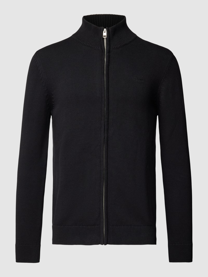 Strickjacke mit Label-Stitching Modell 'STAND JACKET' in schwarz