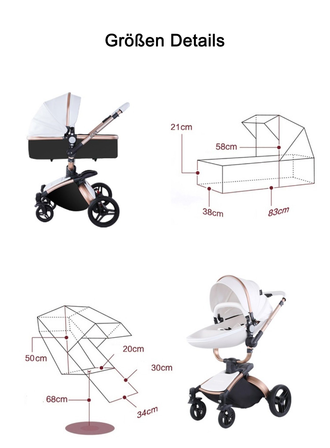 TPFLiving Kombi-Kinderwagen Babyschale Baby, Buggy Babywanne Kinderwagen 3 in 1 inkl. Stauraum Kunstleder Schwarz