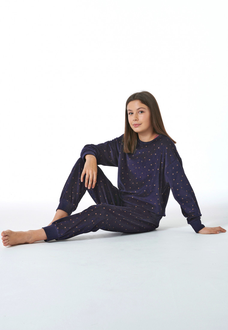 Schlafanzug lang Velour Sterne nachtblau - Nightwear