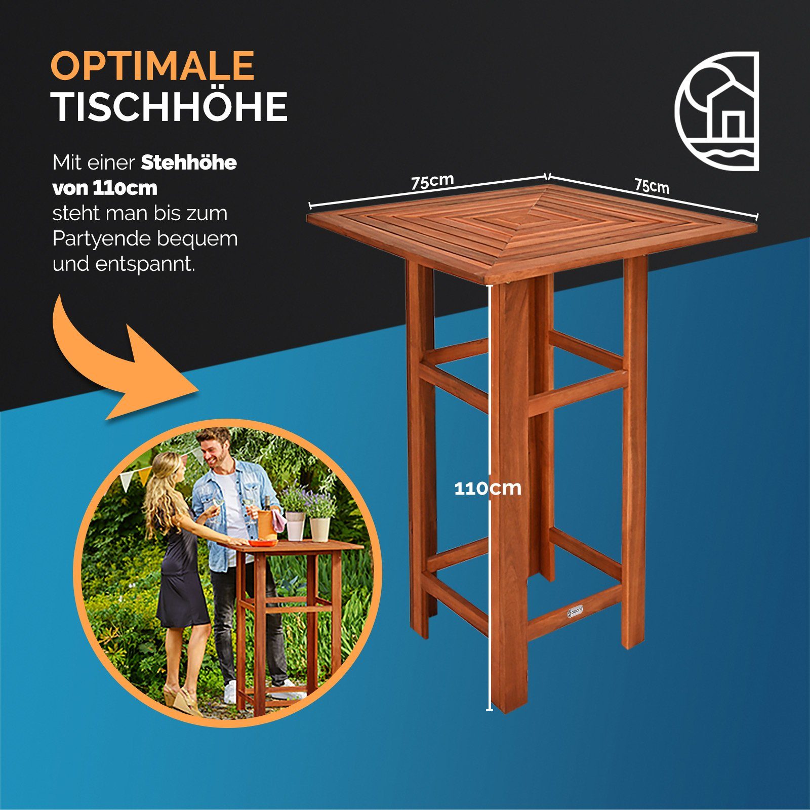 Casaria Stehtisch Akazie (1-St), Holz 110cm Hoch 75x75 cm Eckig Indoor Outdoor Bistrotisch Biertisch