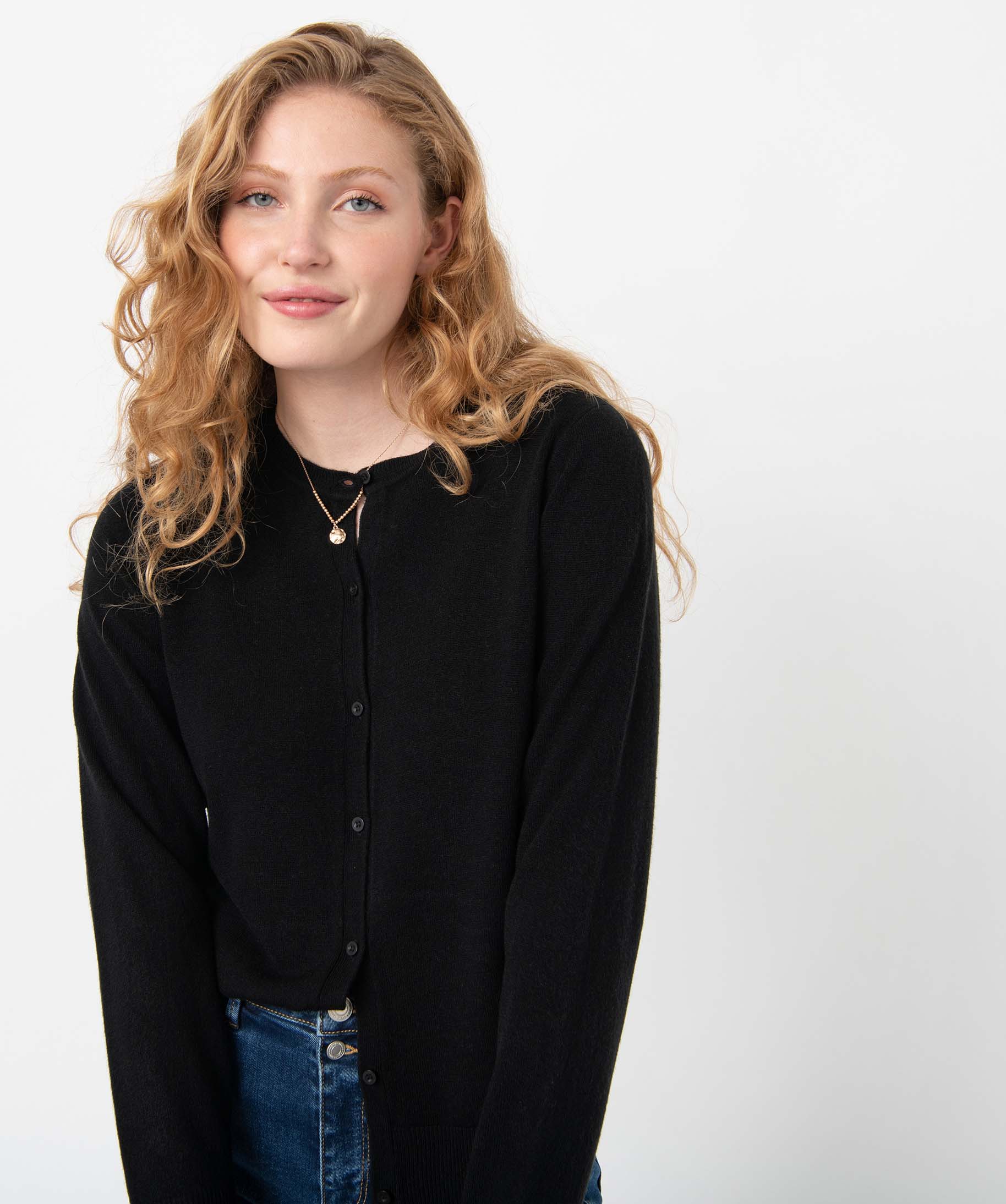 Gilet à col rond en maille fine femme noir | GEMO