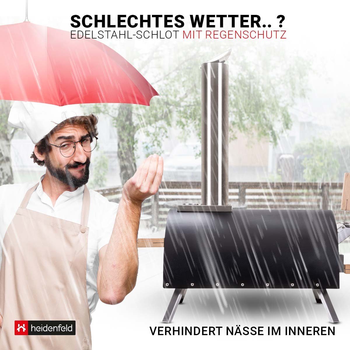 Heidenfeld Pizzaofen Edelstahl Pizza Ofen Neapel inkl. Pizzastein - bis 500°C, Pellets oder Hybrid 2in1 Gasgril - Sichtfenster - Backofen - Holzofen