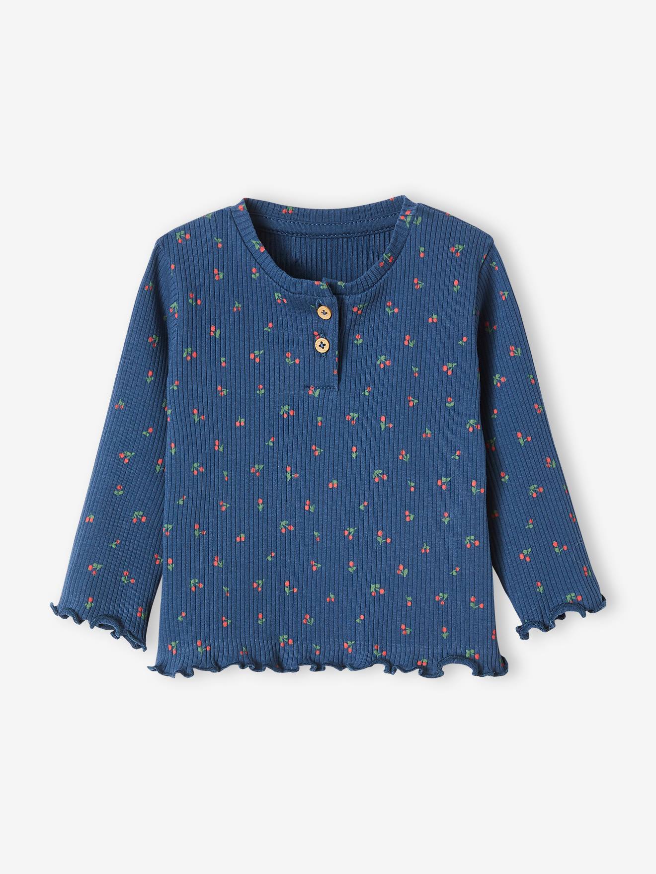 T-shirt en maille côtelée bébé manches longues marine imprimé