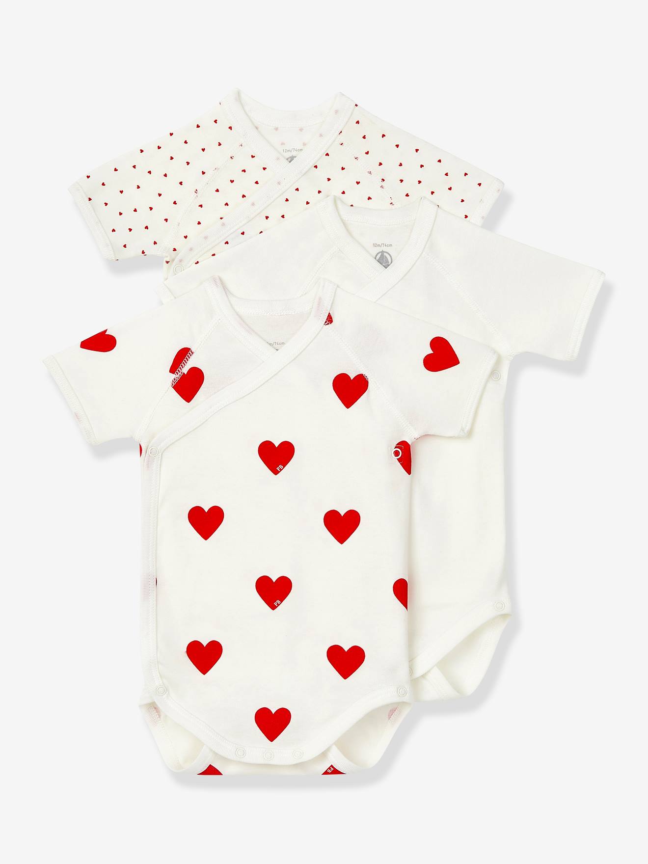 Petit Bateau 3er-Pack Baby Wickelbodys aus Bio-Baumwolle Oeko-Tex PETIT BATEAU - weiß+bedruckt+herzen
