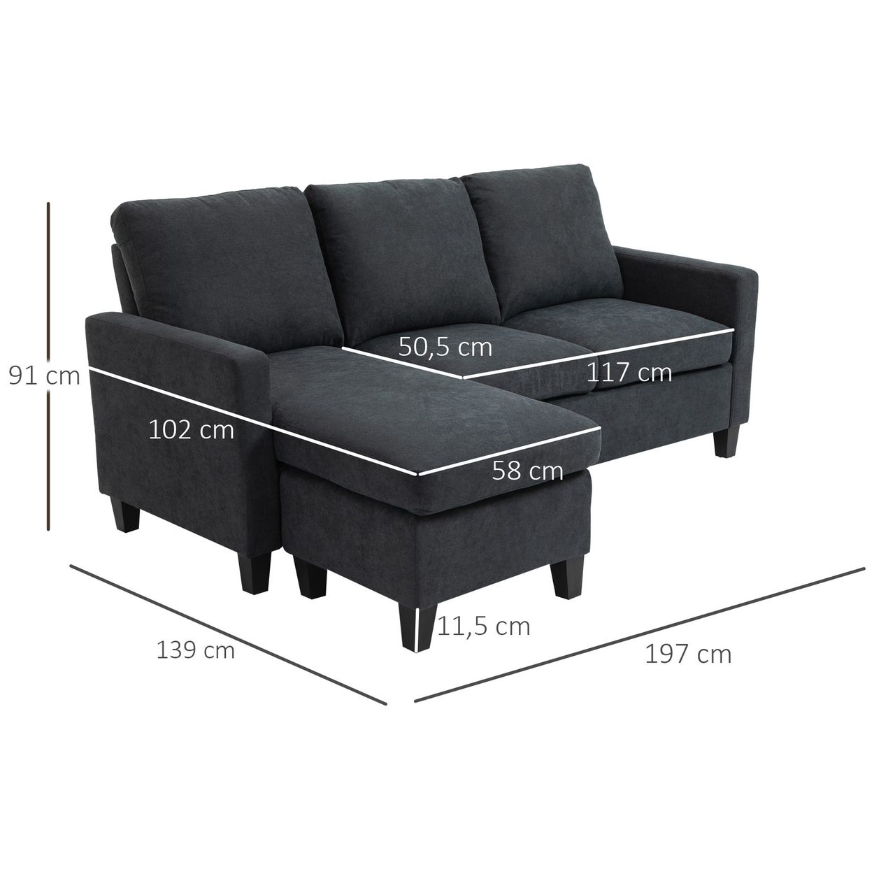 HOMCOM Ecksofa Couchgarnitur mit wendbarer Chaiselongue Dunkelgrau