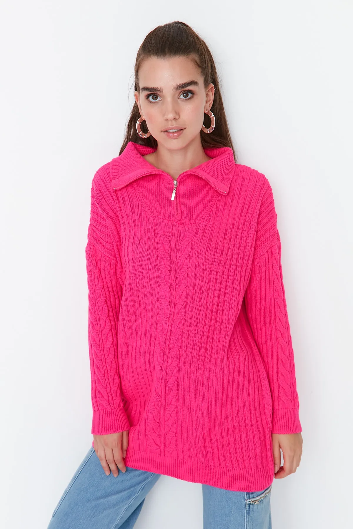 Trendyol Modest  Fuchsia Thessaloniki Gestrickter Strickpullover mit Reißverschluss TCTAW23AK00017