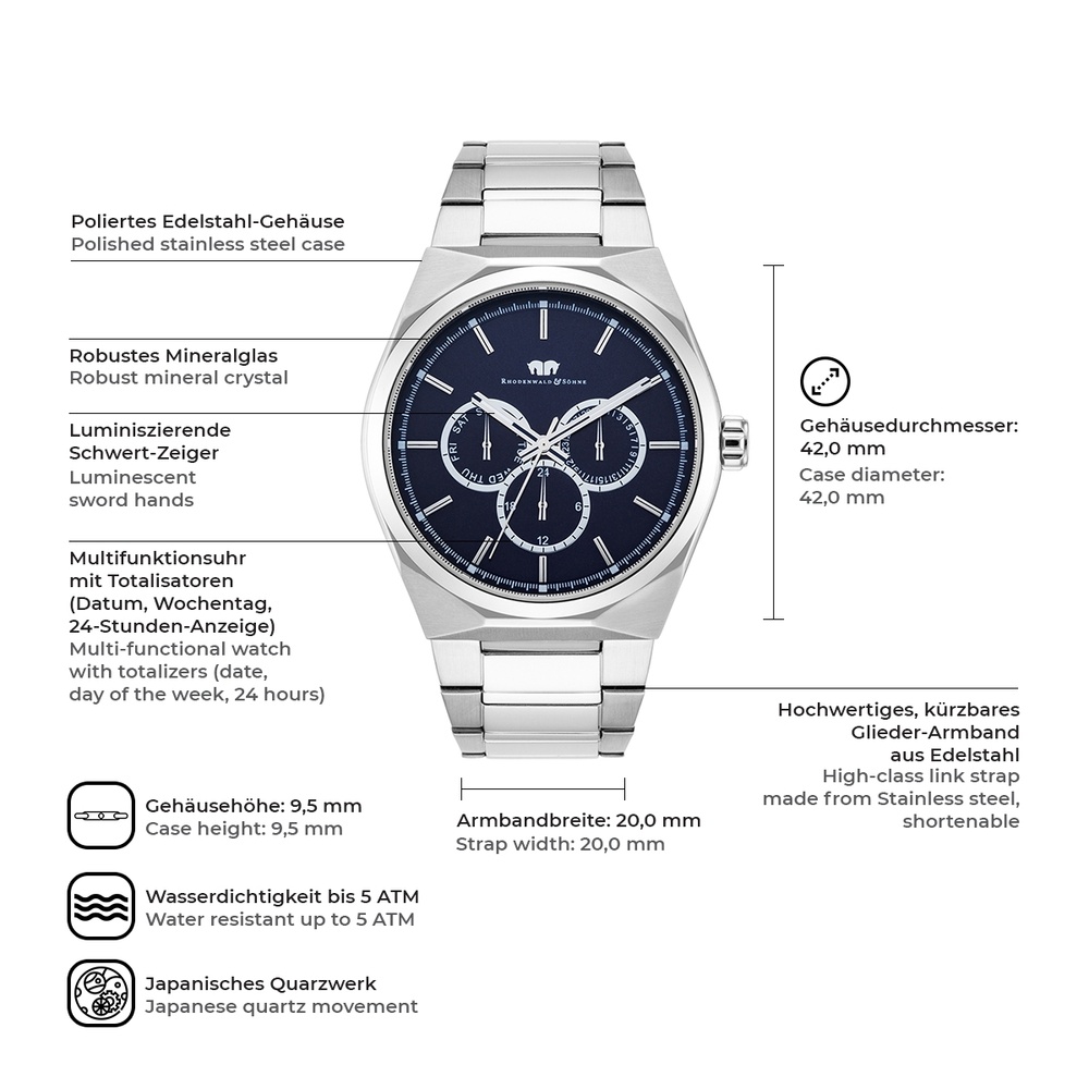 Rhodenwald & Söhne Multifonctions Cooledge en Acier inoxydable en Argent Montre
