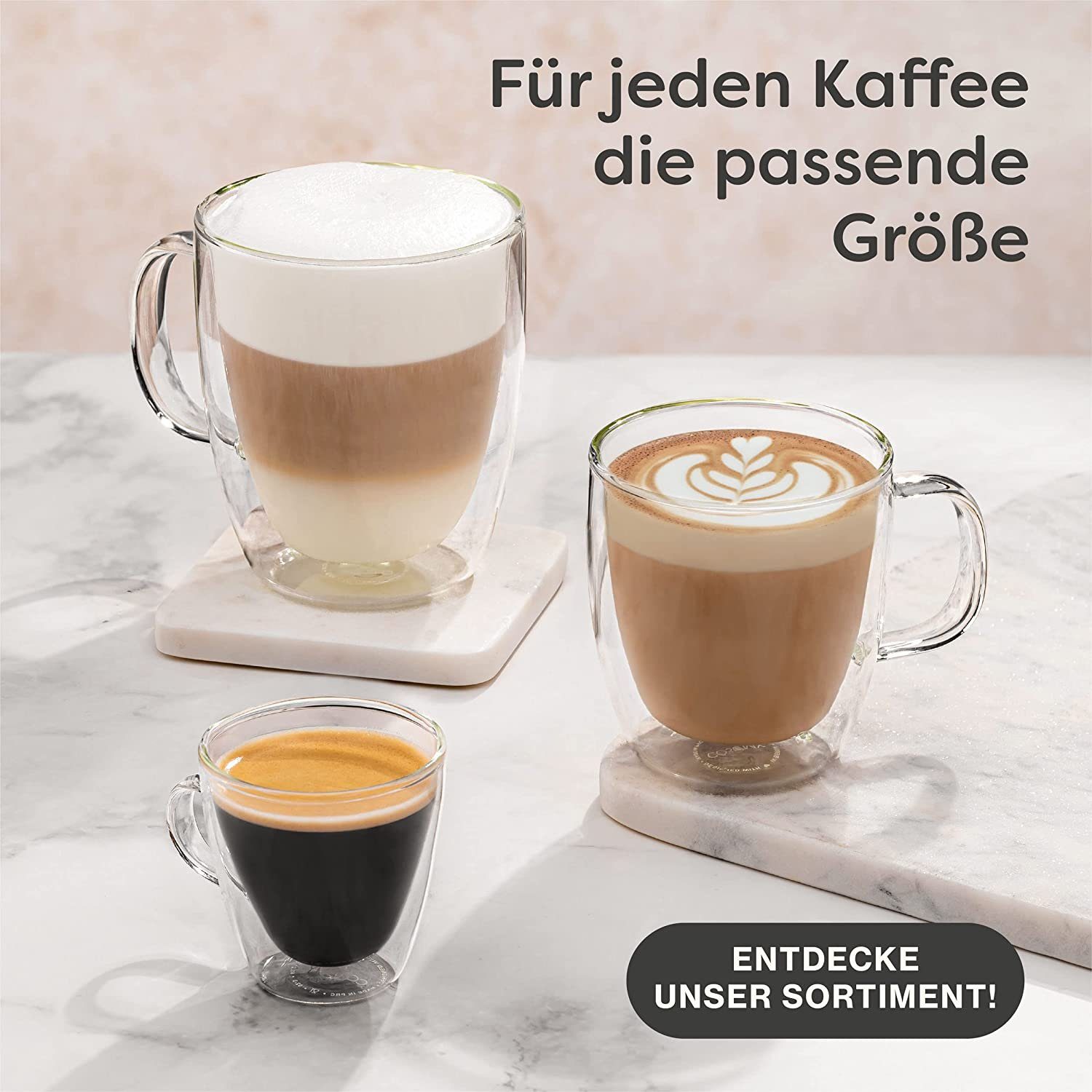 Cosumy Gläser-Set 4 Latte Macchiato Gläser doppelwandig mit Henkel 350ml, Glas, Für Latte Macchiato - Spülmaschinenfest - Hält lange warm