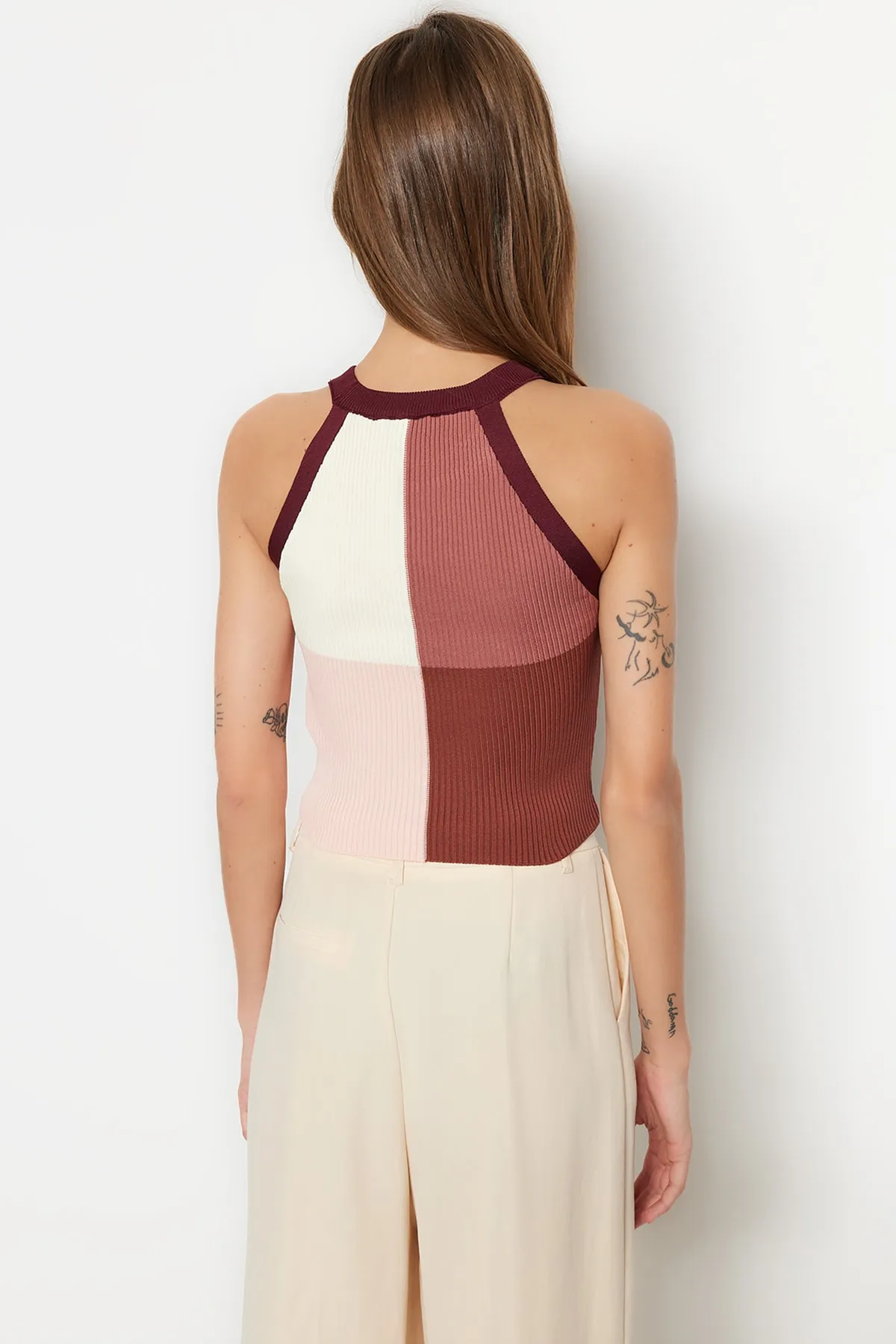Trendyol Collection  Pflaumenfarbene Crop-Strickbluse mit Farbblockierung TWOSS22BZ0402