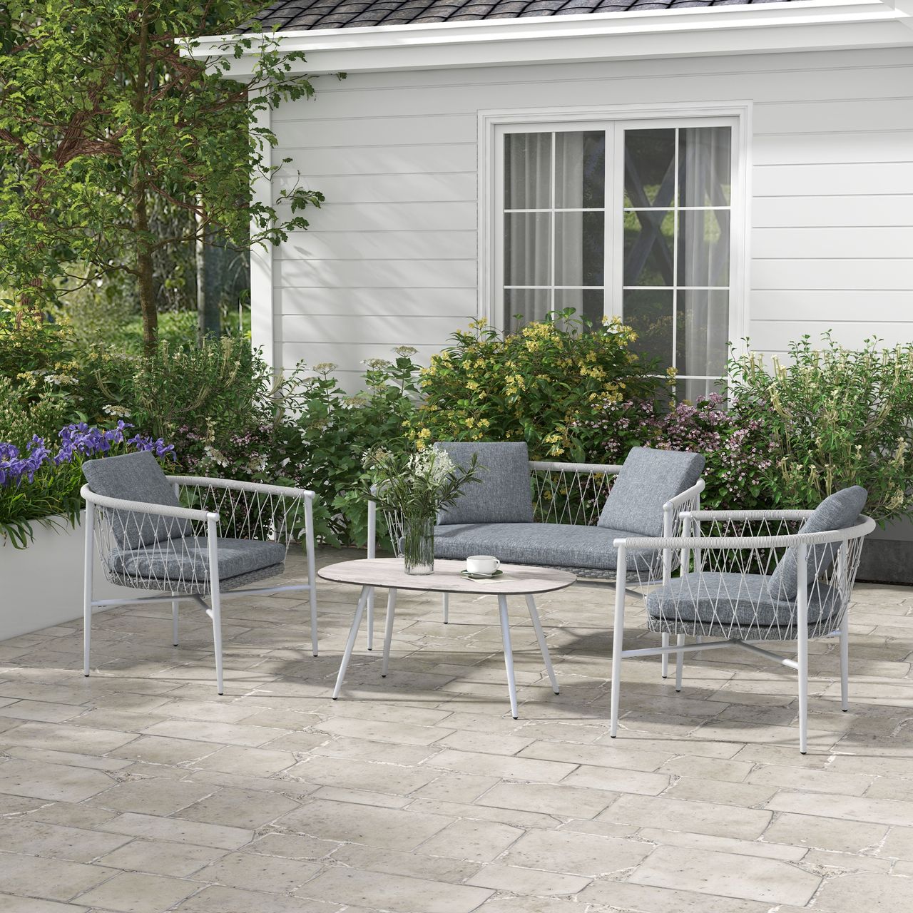 Outsunny 4 tlg. Rattan Gartenmöbel-Set mit Kissen, Schaukelfunktion für Garten