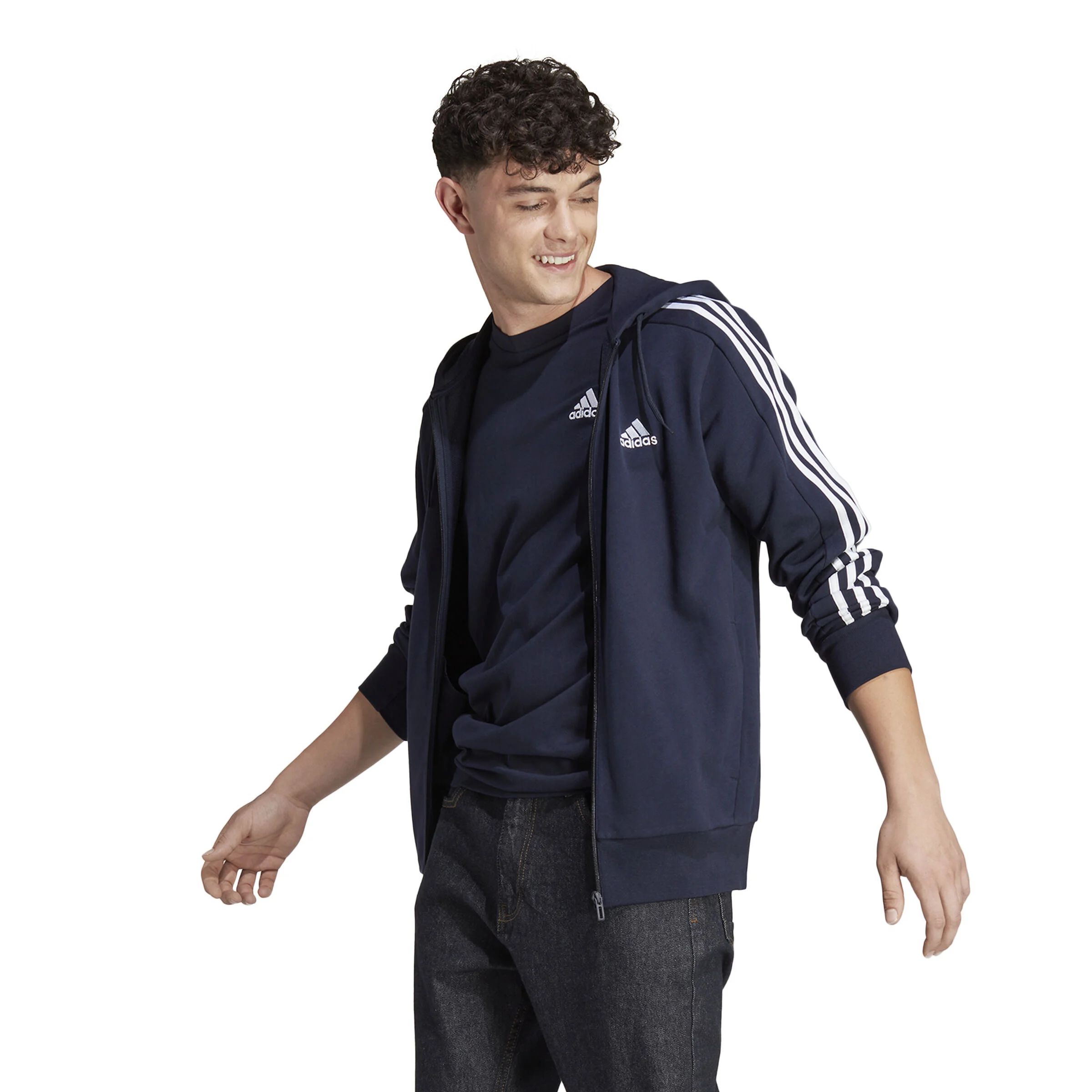 Essentials French Terry 3-Stripes Full-Zip Sweatjacke Herren - Dunkelblau, Weiß