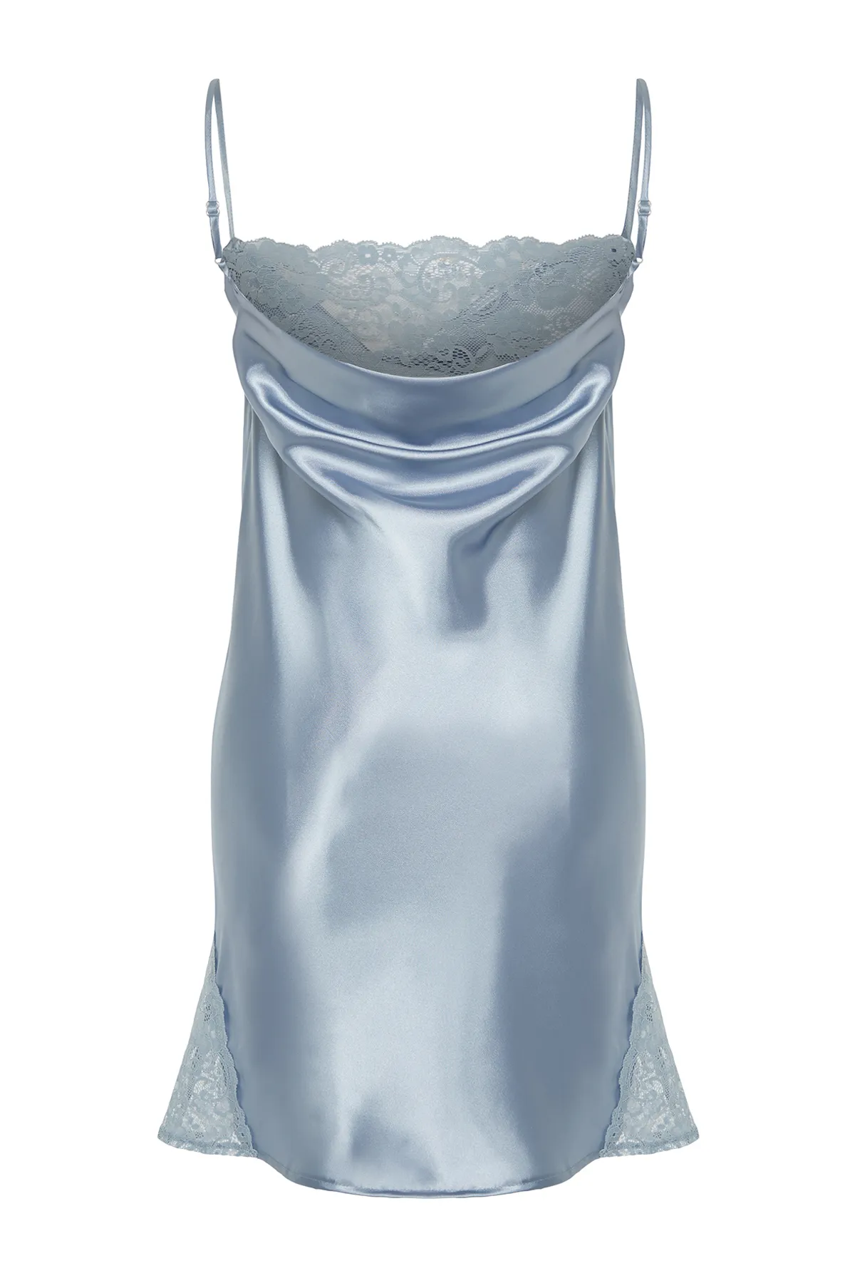 Trendyol Collection  Hellblaues Nachthemd aus gewebtem Satin mit Spitze und Degaje-Details, Seilträgern THMSS23GC00012