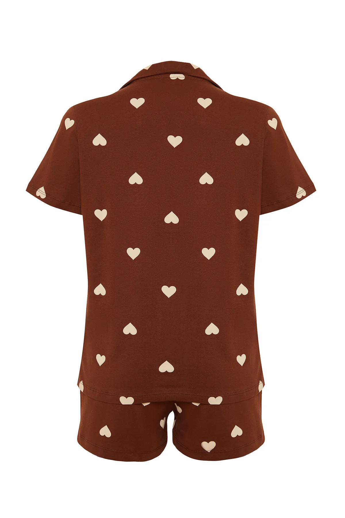 Trendyol Collection  Braunes, gestricktes Pyjama-Set mit Hemd und Shorts aus 100 % Baumwolle mit Herzmuster THMSS21PT0756